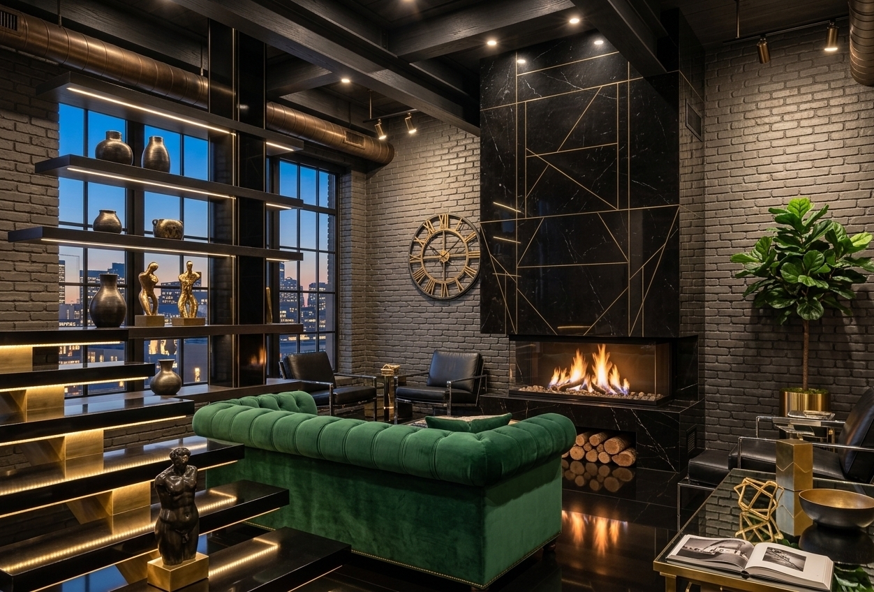 An incredibly lifelike, richly detailed, photorealistic wide-angle interior photo of an opulent living room set in a high-rise urban penthouse. The scene is illuminated by warm, ambient recessed spotlights, gilded wall sconces, and the fiery glow from a dramatic hearth, creating a lavish, glamorous atmosphere. Captured with a high-resolution medium-format camera and a 24mm lens, emphasizing the stark contrast of high-gloss black lacquer, brushed brass, and plush jewel-toned velvet textures. The original industrial framework is elevated into a showcase of Art Deco glamour, anchored by a monumental geometric fireplace clad in polished black Nero Marquina marble accented with gold metal inlay. The floating architectural staircase features sleek lacquered steps with illuminated brass risers, seamlessly integrating floating display shelves that hold chic art deco-inspired decor, gilded statues, and dark ceramic vases. Central to the room, a lavish emerald green velvet sofa sits paired with a mirrored, streamlined coffee table displaying a large photography book and geometric gold sculptures, while a lush fiddle-leaf fig in a polished brass planter brings vibrant life to the corner. Framed by expansive grid windows showcasing a twilight city skyline, the space is completed by bold graphic wall art featuring black and gold geometric patterns, seamlessly blending symmetrical structure, extravagant finishes, and refined modern luxury.