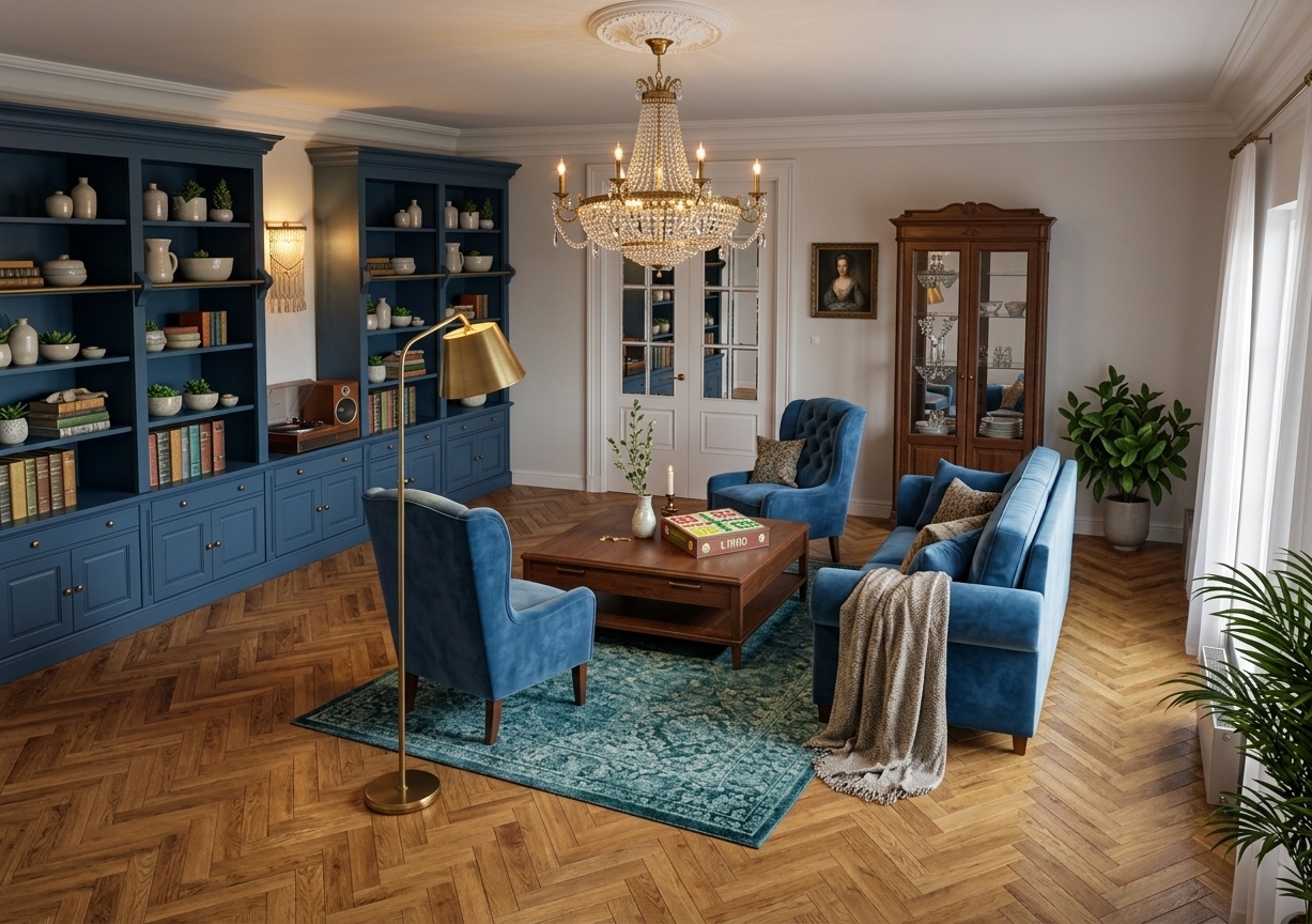 An incredibly lifelike, richly detailed, photorealistic wide-angle interior photo of an opulent Art Deco glamour living room set in an elegant upscale residence. The scene is illuminated by soft natural light filtering through sheer white curtains, layered with the warm, atmospheric glow of a magnificent central crystal chandelier, a brass floor lamp, and a softly radiant wall sconce mounted above a vintage turntable, creating a cozy yet lavishly sophisticated atmosphere. Captured with a professional 24mm architectural camera lens, emphasizing the rich grain of the warm oak herringbone parquet floor, tactile velvet fabrics, and delicate reflections on mirror surfaces. In the center, plush blue velvet seating surrounds a textured teal patterned rug and a solid wood coffee table thoughtfully arranged with classic board games. The double French doors at the rear feature crystal-clear mirrored glass inserts that reflect the ambient interior glow, while deep blue built-in bookcases bring architectural depth to the left wall. To the right, a tall glass-fronted wooden display cabinet stands next to a potted plant, with a second lush green houseplant positioned in the foreground to gracefully disguise the radiator along the draped window wall.