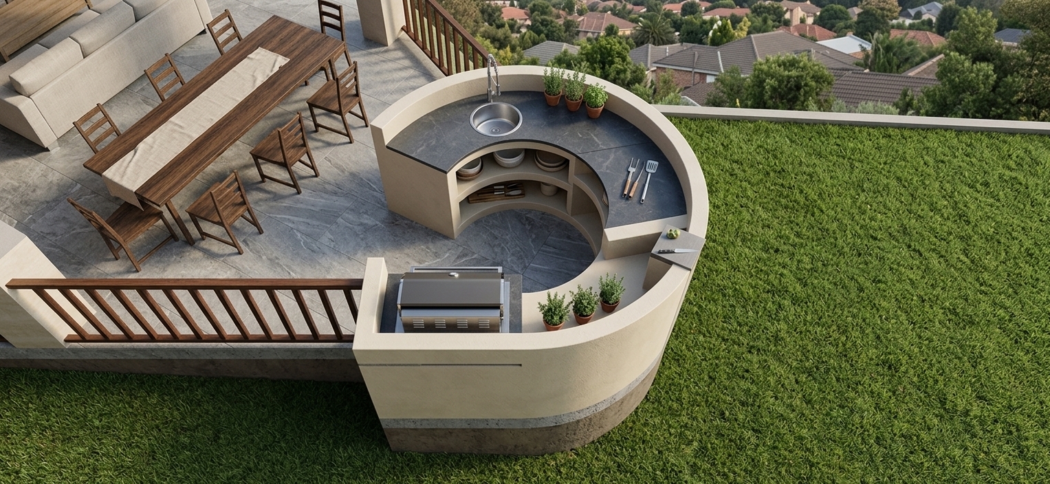 A high-angle outdoor photograph of the patio and curved outdoor kitchen bathed in intense, direct midday summer sunlight. The clear, overhead light casts short, sharp-edged shadows directly beneath the dark-stained wooden dining table, chairs, and the curved concrete bar counter. The light beige patio tiles display realistic micro-textures, fine grout lines, and a subtle matte finish that softly diffuses the intense daylight. The curved outdoor island features a smooth beige stucco finish with gentle surface imperfections, fitted with dark slate counter surfaces and a brushed stainless steel sink that gleams with vivid specular highlights. The dark timber furniture showcases rich, detailed wood grain with satin sheen reflections and tiny natural wear marks along the edges. Beyond the patio boundary, the vibrant green lawn reveals individual grass blades with realistic color variations and texture under the bright sun. Captured with a sharp architectural lens, balanced daylight exposure, realistic ambient occlusion in shadowed crevices, subtle lens vignetting, and minute chromatic aberration along high-contrast borders.