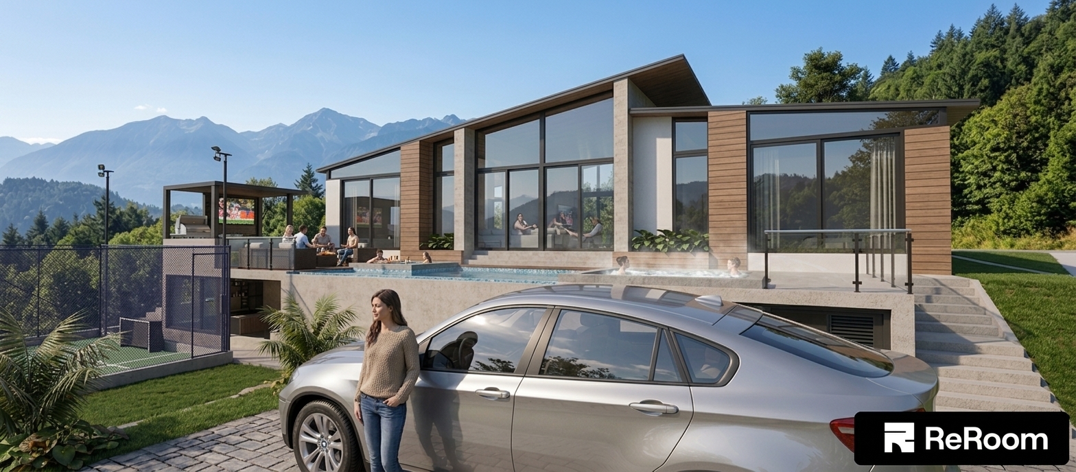 A high-resolution photograph taken with a 35mm architectural lens captures this modern alpine luxury residence under a bright afternoon sky filled with soft, wispy clouds drifting across the mountain backdrop, with all original geometry, layout, and camera framing strictly preserved. People are seated casually on the outdoor lounge furniture on the patio, while others relax inside the bubbling jacuzzi adjacent to the swimming pool, seamlessly bringing life and realism to the setting. The silver sedan in the foreground shows authentic metallic clearcoat reflections, subtle dust along the wheel arches, and crisp glass sheen, with the woman standing alongside it rendered with natural skin micro-textures and realistic fabric weave on her knit sweater. Warm, direct sunlight strikes the wooden cladding and floor tiles, creating high-dynamic-range highlights, natural soft shadows, and vibrant water caustics across the pool surface. Realistic glass reflections show the surrounding forest and mountains, accompanied by gentle atmospheric haze over the distant peaks, faint chromatic aberration near the frame edges, and a clean, organic photographic depth of field.