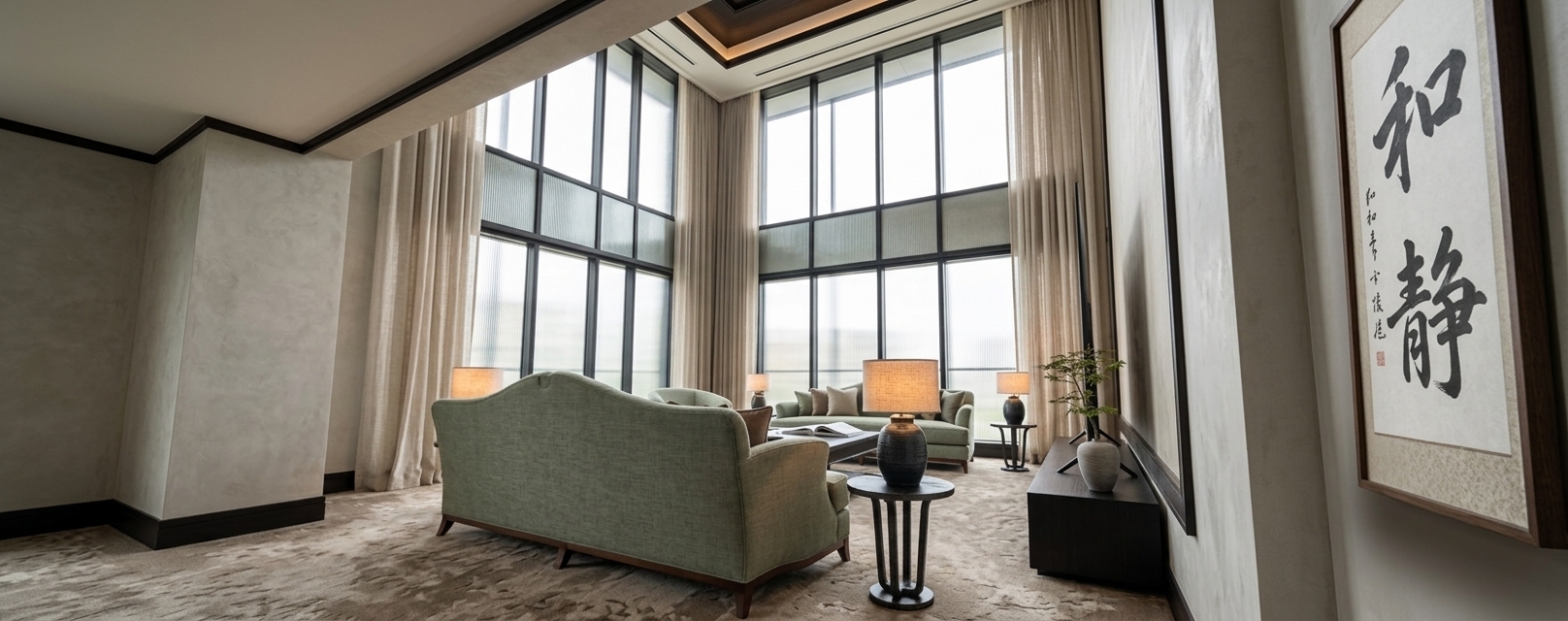 An incredibly lifelike, richly detailed, photorealistic wide-angle interior shot of a double-height luxury Japanese Zen living room set in a sophisticated, minimalist urban residence. The scene is illuminated by soft, diffused natural daylight filtering through floor-to-ceiling sheer linen drapes and augmented by warm ambient lighting from ceramic table lamps, creating a tranquil, harmonious, and uncluttered wabi-sabi atmosphere. Captured with a 24mm architectural tilt-shift lens, emphasizing subtle wall textures, dark matte wooden trim, tactile natural green upholstery, and soft patterned carpet details. Soaring ceiling height gives the space incredible vertical depth, balanced by a refined palette of earthy neutrals, deep matte blacks, and muted sage greens. Elegant low-profile sofas with delicate wood trim face a minimalist central layout, flanked by low black side tables holding textured lamps and an artfully opened photography book on a clutter-free surface. On the right wall, a sleek dark wooden console rests beneath a grand, framed piece of traditional Japanese calligraphy artwork, while a subtle indoor plant brings a touch of organic serenity to this calm, perfectly balanced sanctuary.