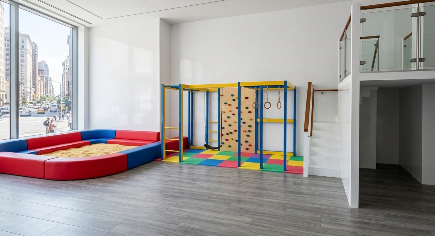 An incredibly lifelike, richly detailed, photorealistic wide-angle interior shot of a playful, retro-futuristic indoor playground set in a spacious, modern exhibition space. The scene is illuminated by bright, clear midday sunlight filtering through a massive floor-to-ceiling picture window on the left that offers a scenic view of a bustling city avenue, creating an airy, energetic, and joyful atmosphere. Captured with a 24mm architectural wide-angle lens, emphasizing smooth high-gloss electrostatic coatings, tactile golden sand, soft vinyl upholstery, and crisp geometric lines. On the left, a curved, continuous sofa bench finished in vibrant red and blue padded cushion matting elegantly encloses a clean, golden sandpit. The central activity area features a multi-functional play frame crafted from metal finished in sleek yellow and blue electrostatic powder coat, fitted with hanging rings, a swing, monkey bars, and a birch plywood climbing wall with colorful holds. Soft interlocking colorful EVA foam mats cushion the floor beneath the frame, transitioning seamlessly into realistic grey wood-look porcelain floor tiles across the main hall. Crisp, smooth white vinyl-painted walls and a prominent structural pillar add a clean backdrop, while a sleek white staircase on the right leads up to a mezzanine bounded by transparent glass balustrades with polished stainless steel clamps.