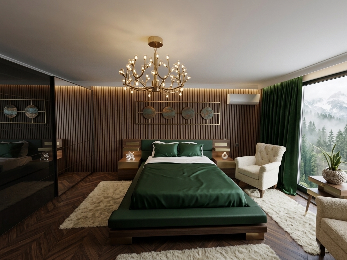 An incredibly lifelike, richly detailed, photorealistic wide-angle interior photograph of a luxurious modern hotel master suite set in an exclusive mountain escape. The scene is illuminated by warm, concealed cove LED lighting, golden architectural sconces, and soft daylight filtering through floor-to-ceiling glass, creating an opulent, serene, and ultra-cozy atmosphere. Captured with a 24mm tilt-shift lens, emphasizing rich textures of smoked oak paneling, brushed champagne brass accents, plush cashmere, and deep forest green velvet.

Reimagining the original layout into a world-class luxury boutique hotel suite, the center features a low-profile upholstered platform bed dressed in deep alpine green silk bedding and crisp white linens, backed by a floor-to-ceiling vertical wood slat wall with soft backlight. To the left, sleek floor-to-ceiling dark tinted glass built-in wardrobes replace the bulky closet, reflecting the breathtaking panoramic views of mist-covered pine forests and snow-dusted alpine peaks outside. Rich dark walnut chevron parquet flooring replaces the old laminate, cushioned by a seamless, cloud-like cream wool rug. A stylish cream bouclé lounge chair sits perfectly positioned by the window view, while a modern minimalist ring chandelier hangs gracefully above, delivering a perfectly balanced, ultra-premium sanctuary.