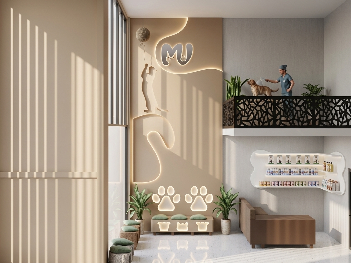 An incredibly lifelike, richly detailed, photorealistic interior photo of a modern veterinary clinic designed as a minimalist haven set in a bright luxury commercial environment. The scene is illuminated by natural sunlight filtering through tall window slats combined with warm halo backlighting behind wall features, creating a serene, welcoming, and pristine atmosphere. Captured with a 24mm architectural lens, emphasizing subtle textures and playfulness, the space features elegant light gray wallpaper complemented by warm beige wall paneling and a striking backlit illuminated logo above a playful silhouette graphic of a cat with a ball of yarn. Beneath a upper mezzanine framed by an intricate black laser-cut geometric railing, a sleek brown reception counter includes a clear glass display case showcasing featured pet products alongside bone-shaped floating shelves. The waiting area offers charming custom benches topped with soft green cushions and padded paw-shaped backrest cutouts, balanced by lush indoor potted greenery resting on crisp, polished white flooring.