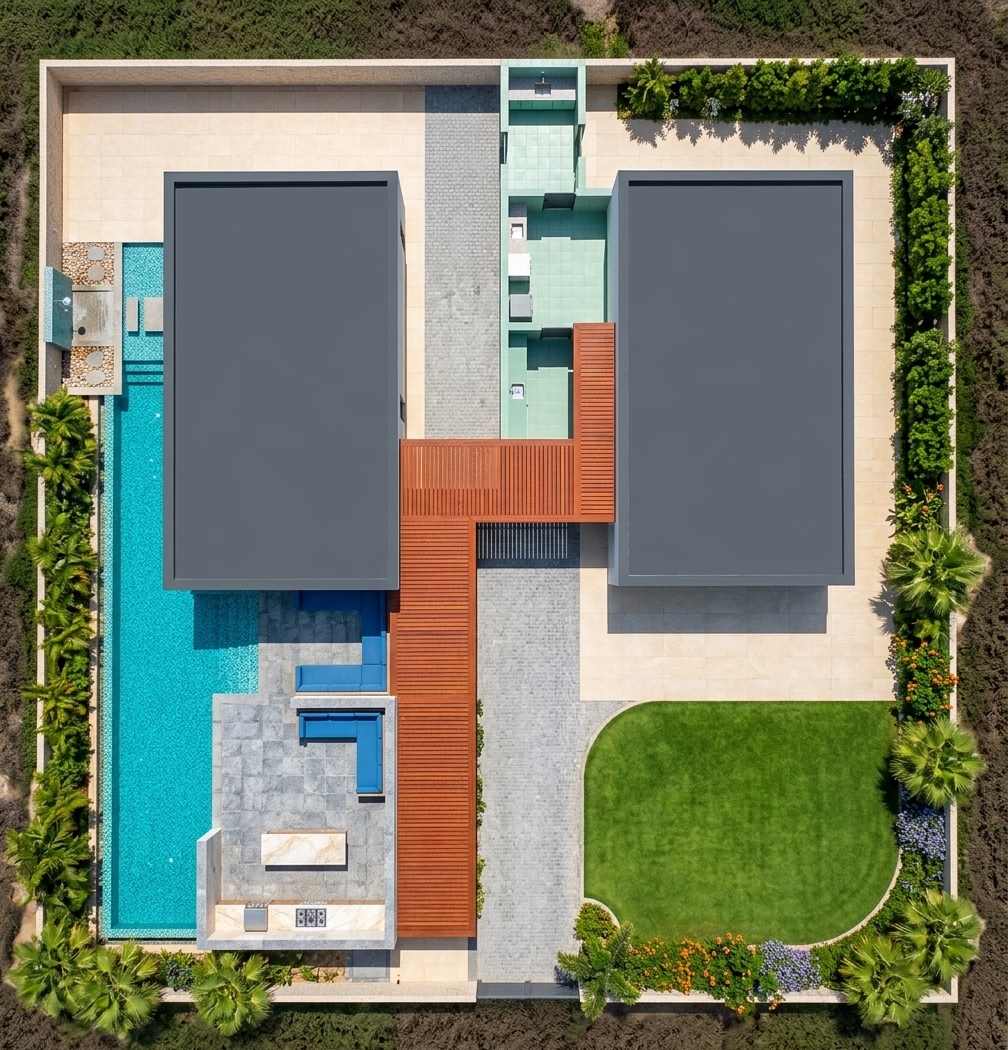 An incredibly lifelike, richly detailed, photorealistic aerial top-down photograph of a modern luxury dual-villa compound and outdoor pool area set in a tranquil residential estate. The scene is illuminated by brilliant, direct midday summer sunlight casting short, sharp shadows, creating a pristine, minimalist haven atmosphere. Captured with a high-resolution drone camera equipped with a 24mm prime lens, emphasizing the rich textures of stone pavers, natural slatted wood decking, vibrant blue pool tiles, and manicured green foliage.

The top-down perspective highlights the immaculate geometric symmetry and clear boundary lines of the property layout. On the left side, a sleek charcoal-grey flat roof dominates the main residential structure, flanked by light beige stone tile walkways. Below it, an expansive patio paved with textured slate-grey granite pavers features a contemporary outdoor living setup complete with an L-shaped lounge sofa in vivid blue fabric. Running along the left wall is a high-end outdoor kitchenette built with polished light marble countertops, integrated stainless steel burners, and modern fixtures. In the lower left quadrant sits a striking L-shaped swimming pool lined with shimmering turquoise mosaic tiles that glisten under the midday sun, accompanied by a dedicated outdoor shower and waterfall alcove framed by smooth decorative gravel and flowering shrubs.

The center of the property features a bold, reddish-brown timber deck crafted from slatted teak wood, serving as a warm architectural bridge between the two residence wings. A clean grey cobble-paved central driveway separates the structures, leading up to neat utility areas finished with mint-green tiles and clean cabinetry.

On the right side, the twin charcoal-roof structure is bordered by matching beige square pavers and opens up to an expansive, velvet-like green lawn in the lower right corner, perfectly manicured with a smooth, curved border line. Dense, vibrant greenery wraps around the entire perimeter wall, featuring textured palm fronds, lush green hedge trees, and bursts of orange and lavender blossoms. The contrast between crisp architectural boundaries, cool water tones, warm wood, and vivid green turf delivers a serene, high-end sanctuary aesthetic captured in crystal-clear detail.