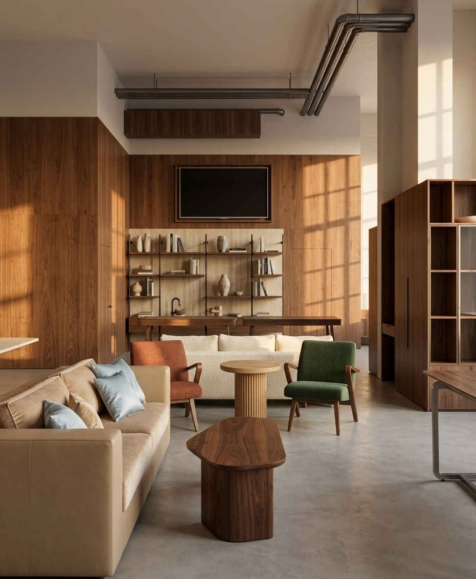 An incredibly lifelike, richly detailed, photorealistic wide-angle interior photo of a high-end furniture showroom exhibition space set in a sophisticated modern loft environment with high ceilings, warm timber accent walls, seamless microcement flooring, and exposed overhead industrial piping. The scene is illuminated by soft, golden afternoon sunlight filtering through expansive side windows, casting soft geometric window-frame shadows along the rich wood paneling and creating a serene, warm atmosphere defined by contemporary elegance. Captured with a professional 35mm architectural lens, emphasizing an exquisite array of rich tactile surfaces and bespoke finishes, the room retains its precise spatial layout while being transformed with a bold, eclectically refined Kelly Wearstler aesthetic to highlight Sandalyeci’s luxury upholstery range. In the foreground, a streamlined beige leather sofa features plush seat cushions in warm champagne velvet and accent pillows in ice-blue silk, sitting opposite a sleek, organically shaped coffee table made from rich dark walnut wood with a polished satin sheen. The central gathering zone showcases a sophisticated mix of Sandalyeci textiles, featuring a cream-colored textured bouclé sofa paired with tailored armchairs upholstered in rich terracotta slubbed linen and forest-green ribbed velvet around a fluted natural oak pedestal table. Behind them, a dark walnut-paneled wall frames an open shelving unit set against a ribbed beige travertine backdrop, filled with artful ceramic vessels and curated design books to create a beautifully composed, tactile spatial experience.