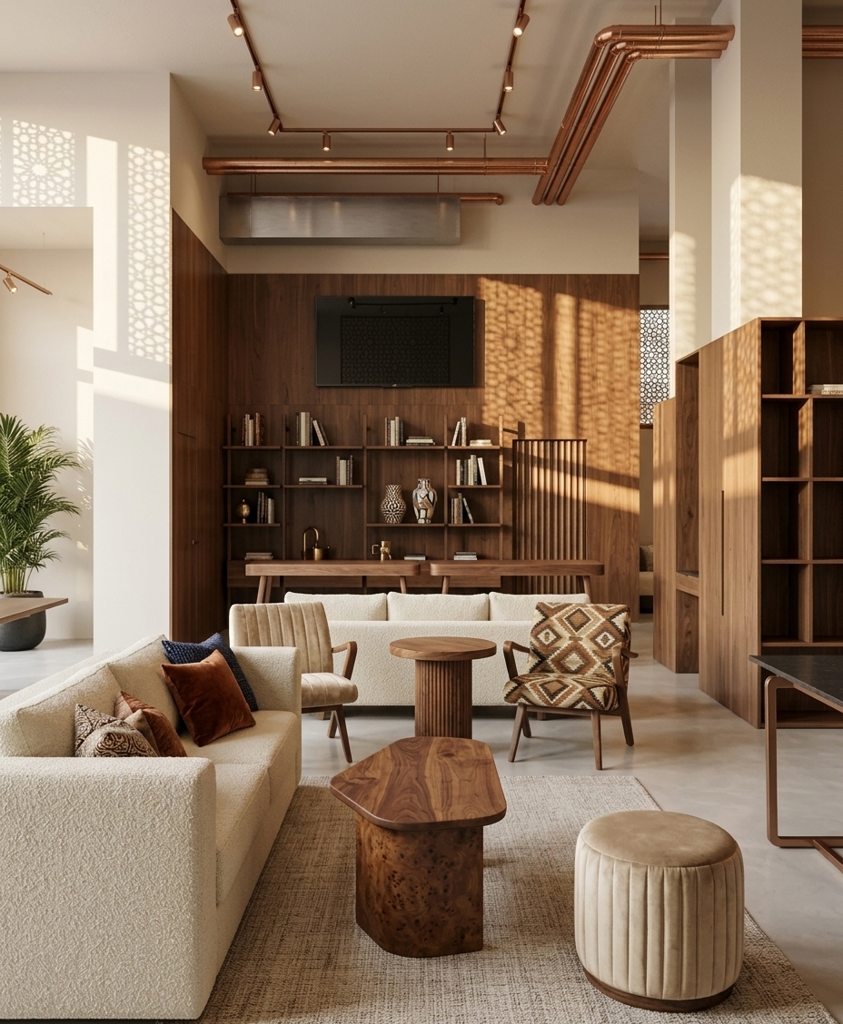 An incredibly lifelike, richly detailed, photorealistic interior photo of an upscale Sandalyeci furniture exhibition space set in a chic, loft-like architectural showroom infused with subtle Moroccan mystique. The scene is illuminated by soft, warm daylight filtering through unseen high windows and casting delicate geometric shadows across the warm walnut wall panels, creating an inviting, artistic atmosphere. Captured with a professional 35mm architectural lens, emphasizing a breathtaking variety of tactile upholstery fabrics and rich timber textures, the existing floor, walls, and layout remain perfectly unchanged while the furniture comes alive with bespoke design. In the foreground, the low coffee table and pedestal side table are reimagined in exquisite rich walnut and carved burled wood with visible natural grain. The expansive sectional sofa is clad in a luxurious, tactile cream bouclé, accented by an eclectic array of Kelly Wearstler-inspired throw pillows featuring mixed textures—intricate Moroccan-patterned jacquard, plush burnt-sienna velvet, slubbed linen, and deep indigo woven patterns. Surrounding armchairs showcase Sandalyeci’s versatile textile collection, with one chair wrapped in a bold, earth-toned geometric Jacquard weave and another in a sumptuous, ribbed champagne velvet, all juxtaposed against the polished microcement floor, fluted travertine feature wall, and exposed industrial ceiling pipes above.