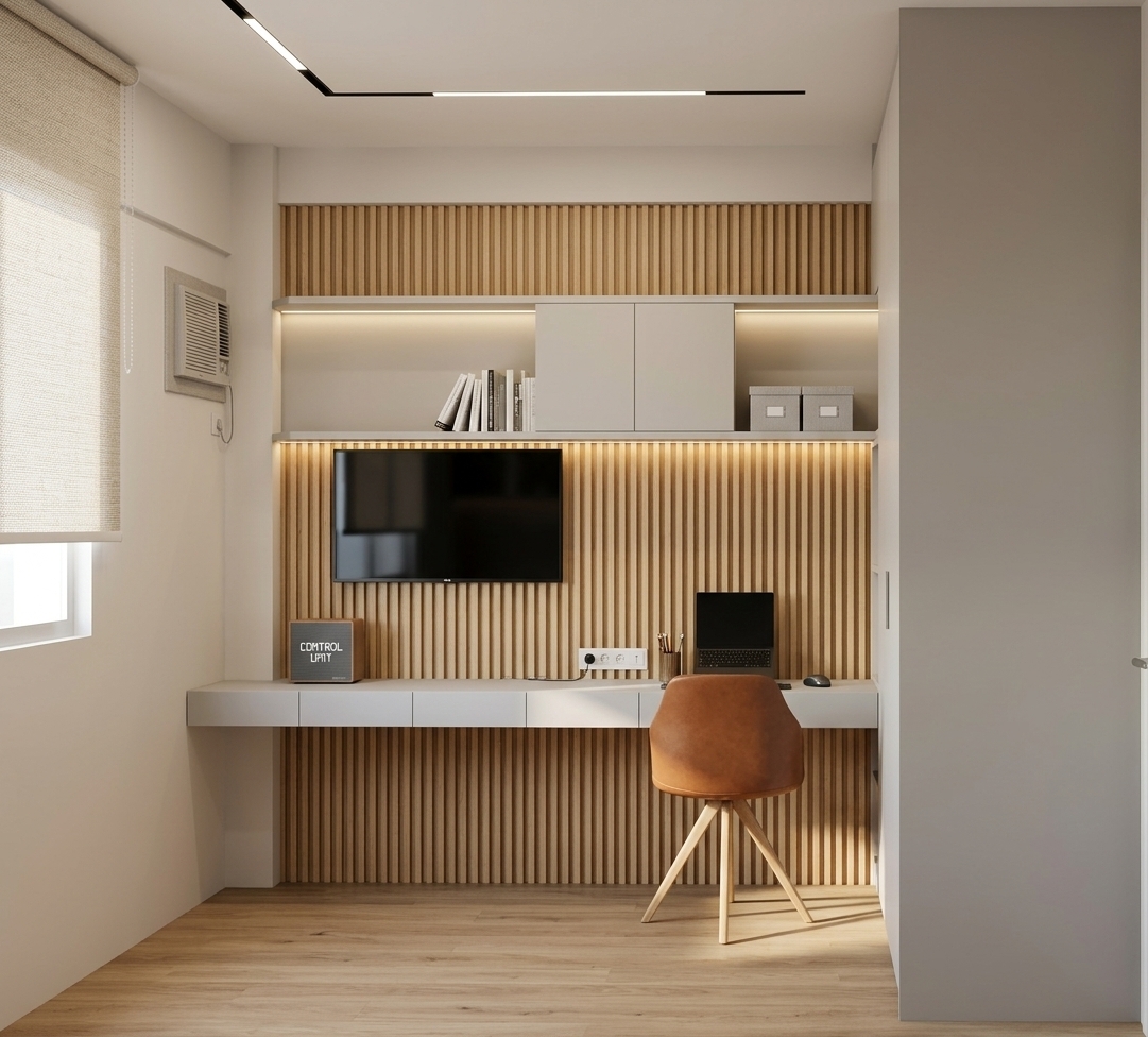 An incredibly lifelike, richly detailed, photorealistic eye-level interior photo of a sophisticated male bedroom study wall set in an elegant contemporary residence. The scene is illuminated by ambient daylight balanced by a soft 3000K warm LED strip casting a subtle upward glow above the upper shelving and the focused light from a white articulated desk lamp, creating a calm and inviting atmosphere. Captured with a 35mm architectural tilt-shift lens, emphasizing the tactile vertical wood slats, smooth matte finishes, and clean geometric lines.

The focal wall is painted in Suvinil’s serene, dusty grayish-teal "Contemplação" shade, framed by a full-height back panel of vertical light wood slatted MDF (painel ripado amadeirado claro). A slim black flat-screen TV is wall-mounted perfectly centered on the slatted panel, positioned lower for comfortable viewing above a sleek, floating desktop crafted in matte Pure Gray MDF (MDF Cinza Puro) with integrated seamless drawers. Resting on the desk surface are a modern black laptop, a minimalist white articulated desk lamp, and subtle decor, complemented by a chic cognac-brown ergonomic chair. Floating above, open shelves and upper cabinet doors in light Crystal Gray MDF (MDF Cinza Cristal) hold neatly stacked books and decorative storage boxes, anchored to the right by a floor-to-ceiling wardrobe finished in matching Crystal Gray MDF. The floor below features seamless light vinyl planking with a soft, warm wood grain finish, completing the refined, hotel-suite design.