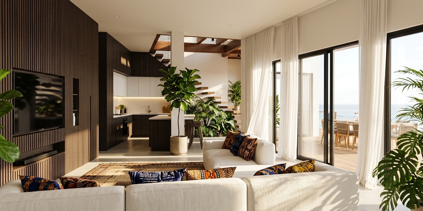 An incredibly lifelike, richly detailed, photorealistic wide-angle interior photograph of a modern living room and open-plan kitchen set in a luxurious tropical coastal villa. The scene is illuminated by radiant midday summer sunlight streaming through floor-to-ceiling glass doors, creating a sun-drenched, vibrant, and airy bohemian oasis atmosphere. Captured with a 24mm architectural lens, emphasizing rich tactile textures, vivid textile patterns, and organic wooden details with razor-sharp clarity and realistic depth of field.

In the foreground, a plush, low-profile white modular sofa is generously adorned with accent pillows tailored from colorful African loincloth textiles—dazzling with rich indigo, mustard yellow, burnt terracotta, and deep turquoise wax-print motifs. Sprawled underneath is a large woven area rug bearing complementary traditional African patterns, providing a warm, energetic contrast to the smooth, cool dark floor beneath. 

Softening the architectural lines, long, translucent white linen curtains hang gracefully along the floor-to-ceiling black-framed sliding glass doors, filtering the intense summer sun into a gentle glow while billowing slightly as if catching an ocean breeze. A lush jungle of indoor tropical vegetation thrives throughout the space: a tall fiddle-leaf fig tree stands proudly in a terracotta pot near the slatted wood feature wall, while broad-leaf Monsteras, potted palms, and cascading pothos plants bring rich botanical greens to corners, table surfaces, and the edge of the stairwell.

The left wall is clad in fine, dark-stained vertical timber slats, seamlessly surrounding an integrated flat-screen television and echoing the exposed, rich wood ceiling beams above. Tucked behind the feature wall, a clean-lined floating staircase ascends, leading the eye toward the upper floor. In the background, an open-concept kitchen sparkles under subtle under-cabinet LED strip lighting, outfitted with sleek dark base units, crisp white upper cabinetry, and a central island accompanied by elegant barstools. 

Through the open glass sliding panels, the interior flows seamlessly onto an expansive outdoor teak deck. A contemporary exterior dining table set sits under the bright summer sky, overlooking a softly blurred horizon where the deep blue ocean meets the hazy summer sky, completing this quintessential luxurious, bohemian sanctuary.