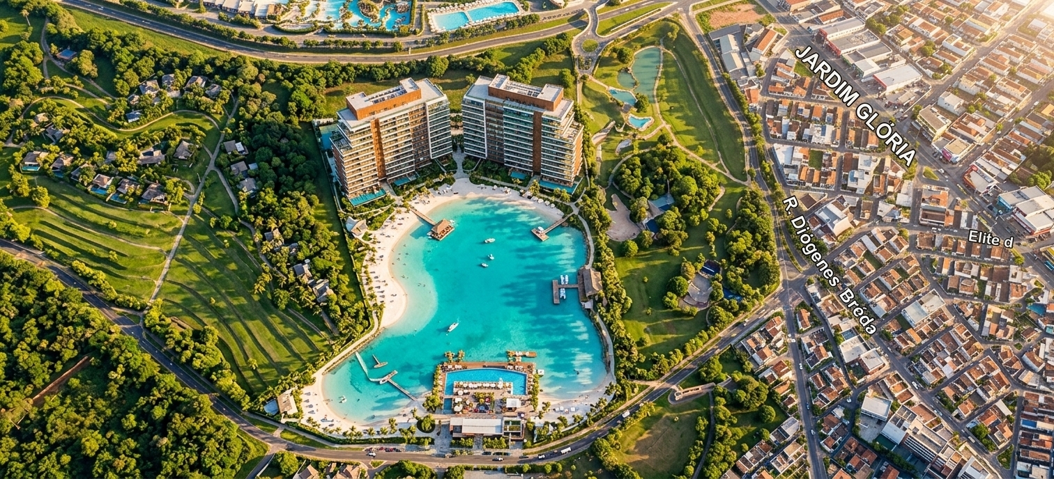 An incredibly lifelike, richly detailed, photorealistic aerial masterplan rendering of a luxury mixed-use resort complex set in the sunny landscape of Olímpia, São Paulo. The scene is illuminated by brilliant late-afternoon golden sunlight under a clear sky, creating a vibrant, high-end, and tropical resort atmosphere. Captured with a high-resolution drone camera utilizing a 24mm wide-angle lens, emphasizing the glistening 7-hectare turquoise lagoon, powdery white sand beaches, and crisp architectural lines of modern glass-and-wood residential towers. Faithfully following the original site contours, the 27-hectare development maximizes real estate ROI with sleek multi-story resort towers offering fractional-ownership units facing the water. Surrounding the central outdoor pool area and lagoon, a bustling urban photo aesthetic comes to life with public-accessible gourmet food plazas, open-air entertainment hubs, and a vibrant travelers trove retail promenade, seamlessly integrating world-class leisure facilities with high-yielding commercial infrastructure.