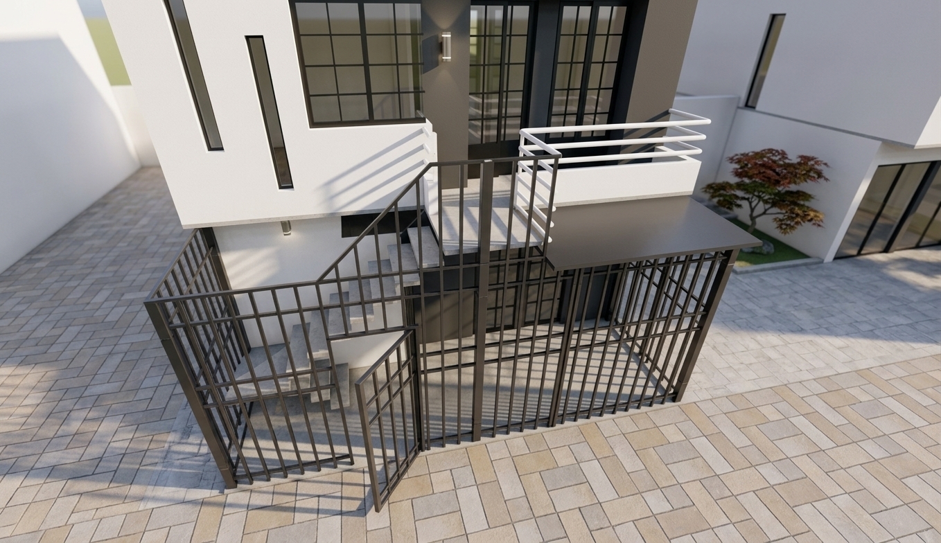 An incredibly lifelike, richly detailed, photorealistic elevated architectural photo of a contemporary minimalist home set in a serene Japanese Zen garden environment. The scene is illuminated by soft, diffused morning sunlight, creating a tranquil, clean, and balanced atmosphere. Captured with a 35mm tilt-shift architectural lens, emphasizing the sharp contrast between pristine white plaster, deep charcoal accent walls, polished metal grates, and natural stone paving.

The ground level features a full-height dark steel security enclosure with sleek vertical bars, featuring a partially open metal gate that reveals a concrete exterior staircase stepping up toward the second floor. Above, the residence showcases a crisp white stucco wall with vertical slit windows paired against a deep gray contrast volume featuring multi-paned grid windows and a upper balcony framed by white horizontal tube railings. The structure sits on a neat ground of warm tan and light-gray rectangular stone pavers, casting crisp, sharp geometric linear shadows that accentuate the clean lines and serene, ordered spirit of modern Zen architecture.