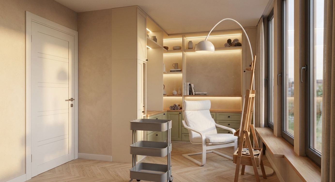 An incredibly lifelike, richly detailed, photorealistic wide-angle interior shot of a modern Scandinavian atelier set in a serene urban home. The scene is illuminated by the soft, warm golden glow of a summer sunset streaming through the window and supplemented by ambient integrated LED backlighting, creating a serene and cozy atmosphere. Captured with a 35mm interior lens, emphasizing the delicate herringbone parquet flooring, smooth wood grains, and subtly textured beige walls, the space perfectly balances minimalism with creative utility. 

Dominating the far wall is a bespoke cabinetry unit featuring warm cream-beige upper storage and light olive-green base drawers finished with dark metal handles and a natural timber countertop. Above, warm LED strips cast a gentle wash over open shelves. In the cozy foreground, a classic white upholstered Poäng armchair sits invitingly beside a sturdy wooden easel and an arching floor lamp, complemented by a mobile translucent grey three-tiered cart. To the left, a sleek white door with subtle horizontal grooves completes this inspiring architectural sanctuary, where functional storage meets elegant design.
