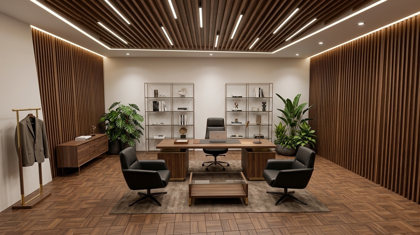 An incredibly lifelike, richly detailed, photorealistic wide-angle interior shot of a spacious luxury CEO office set in an ultra-modern high-end residence. The scene is illuminated by soft, recessed ceiling spotlights and ambient LED border strips along the perimeter, creating a warm, commanding, and sophisticated atmosphere. Captured with a 24mm architectural tilt-shift lens, emphasizing the rich textures of natural wood, polished metal, and matte surfaces, the room features rich, wide-plank hardwood flooring extending across the space. The left and right feature walls are clad in exquisite vertical wooden louvers that add depth and rhythm, while a tailored side console and a sleek modern coat hanger stand neatly in place. In the center focus, a grand executive CEO desk holding a slim, modern laptop sits before an ergonomic leather executive chair, complemented by stylish visitor chairs arranged around a low-profile coffee table in the foreground. Directly behind the desk, the back wall is designed with custom geometric display racks filled with curated decor, perfectly anchored by lush indoor planters, while overhead, an elegant timber baffle ceiling with integrated linear lights crowns the entire minimalist design.