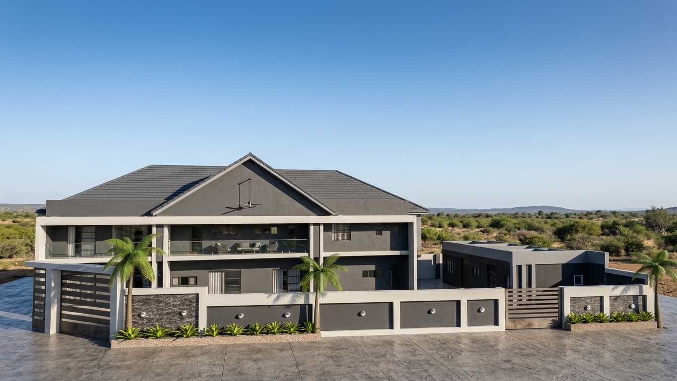 The photo presents a striking, modern house exterior infused with a subtle Moroccan mystique, captured under a clear, bright blue sky that suggests a serene, sunny day. The architectural design features a grand, two-story main residence flanked by an adjacent single-story structure, both predominantly finished in a sophisticated palette of deep charcoal gray and crisp white. Clean, angular lines define the building's contemporary aesthetic, with large expanses of dark gray walls providing a robust backdrop for the contrasting white framing elements, which create a strong visual rhythm and define various architectural volumes. A prominent central gable on the main building features a sleek, multi-lobed black pendant light, adding a decorative focal point that hints at an abstracted Moroccan lantern. The property is secured by an elegant perimeter fence and gate system, artfully combining vertical white columns, horizontal dark slatted panels, and eye-catching sections clad in a richly patterned dark gray and white marble-like finish, reminiscent of intricate Moroccan tilework or decorative screens. Integrated linear planters along the fence are filled with vibrant green, spiky succulents, while tall, slender palm trees gracefully punctuate the landscape, enhancing the luxurious, warm-climate ambiance. White, circular wall-mounted sconces are evenly spaced along the fence, promising a soft, inviting glow after dusk. The composition emphasizes the building's imposing yet welcoming presence, with reflective glass railings on the upper balconies and large windows offering glimpses into potentially similarly dark-toned, expansive interior spaces, all resting on a clean, grid-patterned ground that underscores the precision of the design. This blend of contemporary minimalist forms with evocative decorative touches and lush tropical landscaping successfully conveys a sense of refined exoticism and modern luxury, encapsulating the desired Moroccan mystique within a highly architectural context.