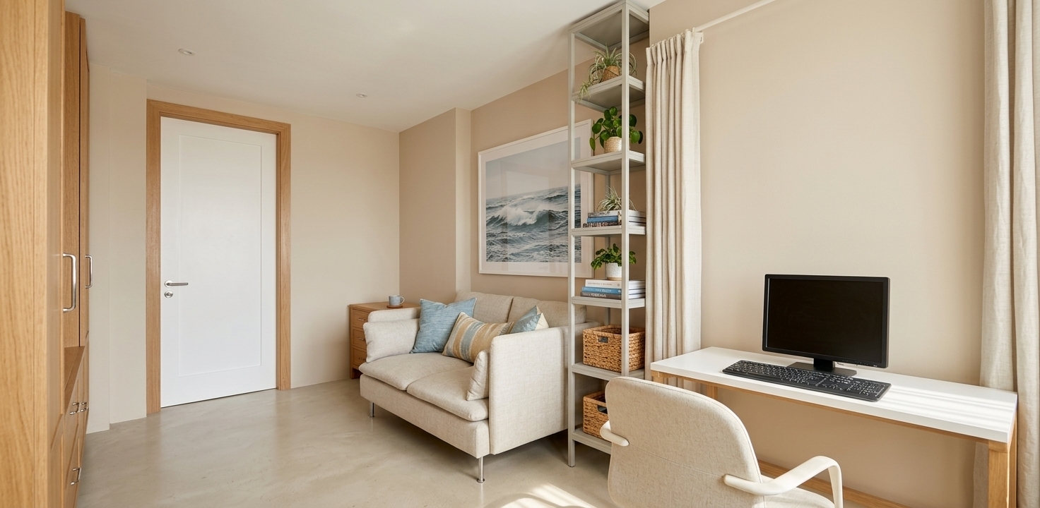 An incredibly lifelike, richly detailed, photorealistic wide-angle interior shot of a sun-drenched study room and cozy home office set in a serene coastal home. The scene is illuminated by soft, warm natural sunlight streaming gently into the space, creating an airy, fresh, and inviting coastal breeze atmosphere. Captured with a full-frame camera and a 24mm tilt-shift lens, emphasizing the natural oak wood grain, slubby linen upholstery, smooth sandy neutral wall finishes, and subtle reflections on polished surfaces. In the foreground, a sleek minimalist white desk supports a clean computer setup and a tailored ergonomic chair, perfect for relaxed productivity. Beside it, a tall, open-frame shelving unit hosts organized stacks of coffee-table photography books, woven wicker storage baskets, and small potted leafy plants that bring organic vibrant life to the space. Across the room, an inviting loveseat upholstered in light oatmeal fabric is adorned with soft ocean-blue and golden-sand cushions, positioned beneath a piece of large framed seascape wall art capturing cresting waves. A clean white door frame leads out to the hallway, while delicate floor-to-ceiling linen curtains hang elegantly beside the shelving, completing a serene, uncluttered interior defined by a crisp palette of nautical blues, whites, and warm sandy neutrals.