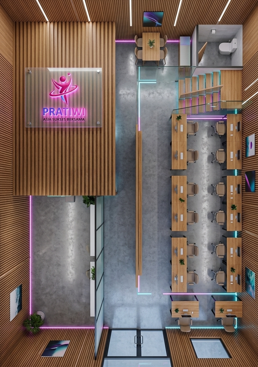 An incredibly lifelike, richly detailed, photorealistic wide-angle floorplan photo of a modern coworking space set in a streamlined, digital zen office environment. The scene is illuminated by concealed linear ceiling LEDs and subtle magenta and cyan neon accents, creating a tranquil, futuristic atmosphere. Captured with a tilt-shift architectural lens, emphasizing sleek metal and glass furniture, polished cool gray concrete flooring, and refined wood-slat wall paneling featuring a glowing glass logo plaque for "PRATIWI ASIA SUKSES BERSAMA." The uncluttered layout showcases neatly arranged dual-row workstations with warm oak surfaces and ergonomic chairs, leading toward a floating staircase, an enclosed WC, and a minimalist pantry dining area. Cyberpunk meets Zen-inspired decor throughout the smart, high-tech interior, balanced by digital landscape wall art and lush indoor plants on pristine, clutter-free surfaces.