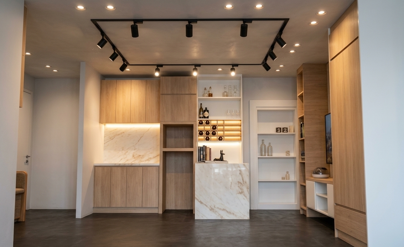 A professional architectural photograph of a modern minimalist modular cabinet showroom captured from an eye-level, straight-on perspective using a 35mm lens. The scene is illuminated by warm 2700K lighting from recessed ceiling pinlights and black track spotlights, casting soft, directional glows across a matte tulle-white plaster ceiling and a dark charcoal floor with subtle micro-textured grain. The modular cabinetry is rendered in light oak wood with prominent, natural vertical grain patterns and a soft satin sheen. An under-cabinet linear LED light strip provides an even, warm task glow over the clean counter splash area below the upper oak cabinets. The central feature includes a polished white marble island front panel with delicate, warm beige veining that catches soft specular highlights. To the right, a sleek white cabinet houses a detailed wine rack with glass bottles and stemware, adjacent to a tall oak TV unit where continuous integrated warm LED strips run under each shelf to illuminate decorative accents. On the far right wall, a hidden door is seamlessly integrated with a smooth matte white paint finish. Subtle photographic realism is enhanced by natural bloom around light fixtures, gentle specular reflections on glass surfaces, soft ambient shadows, and a faint natural vignetting at the frame edges.