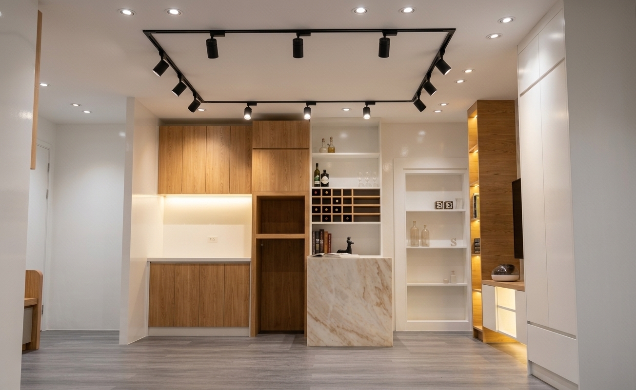An eye-level architectural interior photograph of a minimalist modern modular cabinet showroom, maintaining the exact layout, geometry, and composition of the reference image. The surrounding walls are finished in a smooth tulle white semi-gloss paint that catches soft ambient reflections, contrasted by a flat tulle white matte ceiling above. Below, the floor is clad in gray wood-grain vinyl planks with a subtle matte texture. The cabinetry features a harmonious mix of rich, natural light oak wood veneer with distinct wood grain and clean white painted surfaces with fine satin finishes. The central island is wrapped in polished white marble with delicate beige and gray veining. Lighting is warm and inviting, featuring a black square ceiling track light frame and recessed pinlights casting soft, directional glows downward. Concealed warm LED strip lights beneath the upper pantry cabinets illuminate the white backsplash with dedicated task light, while identical warm strip lights accentuate each level of the open TV shelving unit on the right. Captured on a professional full-frame camera with a wide lens at f/8, the photograph displays natural depth of field, authentic ambient occlusion in cabinet shadow gaps, soft specular highlights on the glass bottles and stemware, and crisp photographic detail throughout.