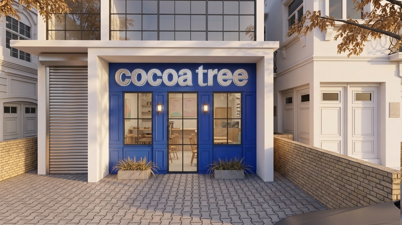 An incredibly lifelike, richly detailed, photorealistic eye-level exterior architectural photo of the modern "cocoa tree" coffee shop entrance set in an elegant urban streetscape during autumn. The scene is illuminated by gentle golden-hour sunset light casting long, soft shadows across the interlocking paved courtyard, creating a serene and inviting atmosphere. Captured with a 35mm tilt-shift architectural lens, emphasizing the rich contrast of the vibrant cobalt-blue facade panels, crisp white structural framing, brushed metallic roller shutter, and textured tan brick boundary walls. Flanking the sleek multipane glass doors—which reveal a glimpse of a minimalist, zen-inspired interior adorned with simple wooden furnishings and subtle pastel tones—are twin elegant wall sconces emitting a warm glow, alongside low-profile planters with delicate grasses. The adjacent classical-style townhouse facades, clean white overhangs, and soft autumn tree branches overhead complete this refined, uncluttered street view.