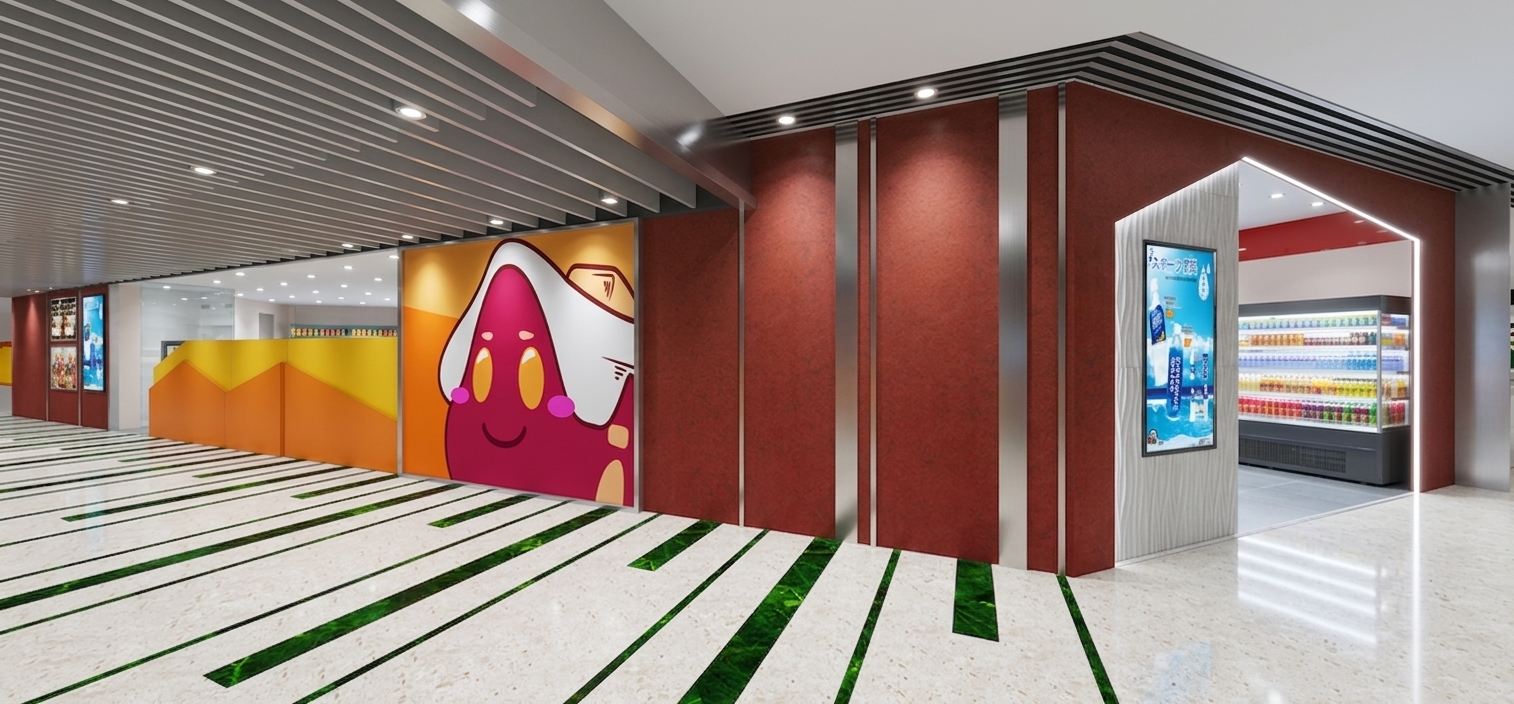 A professional wide-angle interior photograph of a modern commercial space, maintaining the exact structural geometry, camera angle, and composition of the original scene. The ambiance is driven by balanced neutral-cool white ceiling light, casting clear directional illumination and eliminating any warm yellowish cast. Recessed ceiling spotlights are visibly illuminated, casting soft-edged light cones and gentle lens halos across the space. The distinctive house-shaped entrance frame is backlit with a subtle LED light strip that bleeds soft perimeter glow along its edges. The polished light-colored floor displays clear, soft reflections of the overhead slatted ceiling and green floor inlays. Red accent walls feature realistic tactile matte plaster micro-textures, while metallic frames and glass panels reflect surrounding ambient light with realistic specular highlights. Inside the store booth, the refrigerated display shelves cast realistic contact shadows and glow brightly, highlighting colorful drink packaging through clean glass. The overall atmosphere is crisp, highly detailed, and architectural, captured with natural depth of field, subtle optical contrast, and realistic ray-traced light distribution.
