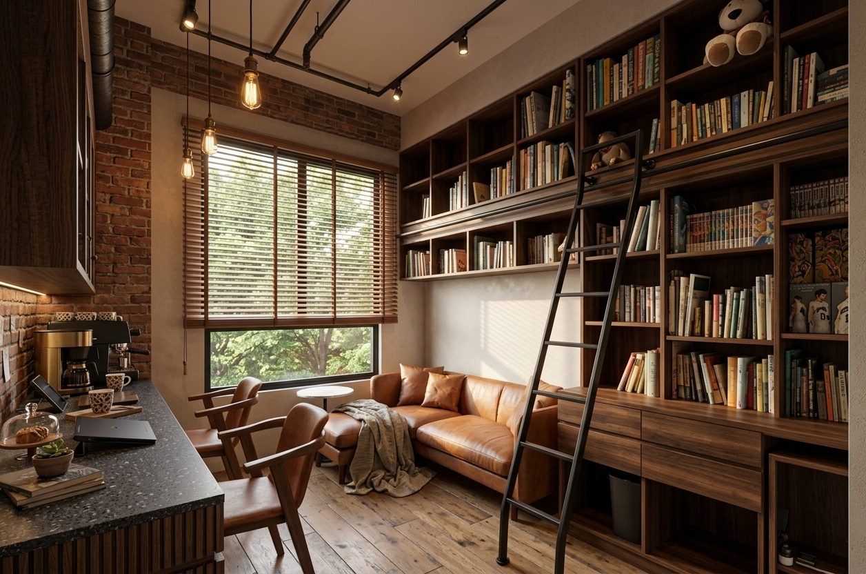 An incredibly lifelike, richly detailed, photorealistic wide-angle interior photo of a boutique commercial bookstore and artisanal coffee bar set in a transformed industrial loft space. The scene is illuminated by soft golden hour natural light pouring through an oversized black steel-framed window and supplemented by warm Edison bulb pendants and precision track spots, creating a cozy, intellectually inspiring, and refined atmosphere. Captured with a professional 24mm tilt-shift lens, emphasizing rich raw brick textures, matte black steel framing, polished dark terrazzo, and rows of colorful book spines, the layout effortlessly balances functional retail with warm hospitality. Spanning the entire right side of the room is a towering floor-to-ceiling dark walnut bookshelf accessed by a sleek sliding black steel rolling ladder, filled to capacity with curated volumes and literary collectibles. Directly opposite, replacing the former study desk, is an integrated compact espresso bar and checkout counter constructed from fluted dark oak and crowned with a handsome charcoal terrazzo countertop, equipped with a polished matte-black espresso machine, brass drip coffee stations, and a discreet modern point-of-sale register system alongside a glass display of fresh pastries. Between the towering book stacks and the coffee counter, a plush cognac-leather armchair paired with a minimalist round marble side table sits beneath the expansive window, framing peaceful, sun-dappled views of dense green canopy outside. Exposed ceiling pipes, rustic oak floorboards, and matte-black hardware complete this sophisticated industrial loft design, inviting guests to order a handcrafted coffee, browse the extensive collection, and linger in total visual harmony.