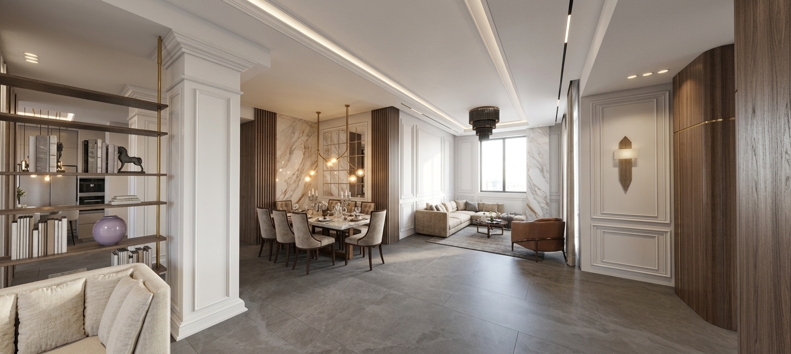 A professionally captured architectural interior photograph of this grand open-concept living and dining space, faithfully preserving the exact framing, perspective, and structural geometry. The ceiling is a smooth matte pristine white, softly illuminated by recessed architectural lighting that creates subtle light gradients across the room. Elegant white classic wall moldings and wainscoting wrap the room, beautifully complemented by rich dark walnut wood accents along the right wall cladding, chair frames, and decorative shelving unit. The expansive floor is crafted from polished white marble with faint, natural grey veining, subtly reflecting the surrounding warm light and furniture silhouettes on its glossy surface. Diffused soft daylight blends naturally with warm 3000K glow from the modern branch chandelier and dark pendant lights, emphasizing the rich woven fabric textures of the cream sofa and dining chairs, as well as the polished metallic brass details on the vertical structural posts and light fixtures. Captured with a sharp 24mm wide-angle architectural lens, the scene exhibits realistic contact shadows, subtle glass and marble reflections, natural material physics, and an inviting, high-end atmosphere.