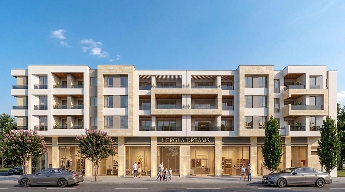 Modify the facade of the multi-story modern building by replacing the texture of all the prominent grey-tiled framed sections on the upper floors with a natural stone texture. Specifically, change the material of the large vertical rectangular grey frames surrounding the balcony and window modules to a light, warm-toned limestone or natural stone cladding with subtle texture and stone block pattern. Ensure the original architectural shape, shadows, and placement of these framing elements remain identical, while changing only their surface material from grey tile to stone. Preserve all other parts of the image, including the white plaster sections, wooden balcony soffits, glass railings, ground-floor commercial storefronts with the 'HERGLA DREAMS' sign, street, pedestrians, parked cars, and clear blue sky.