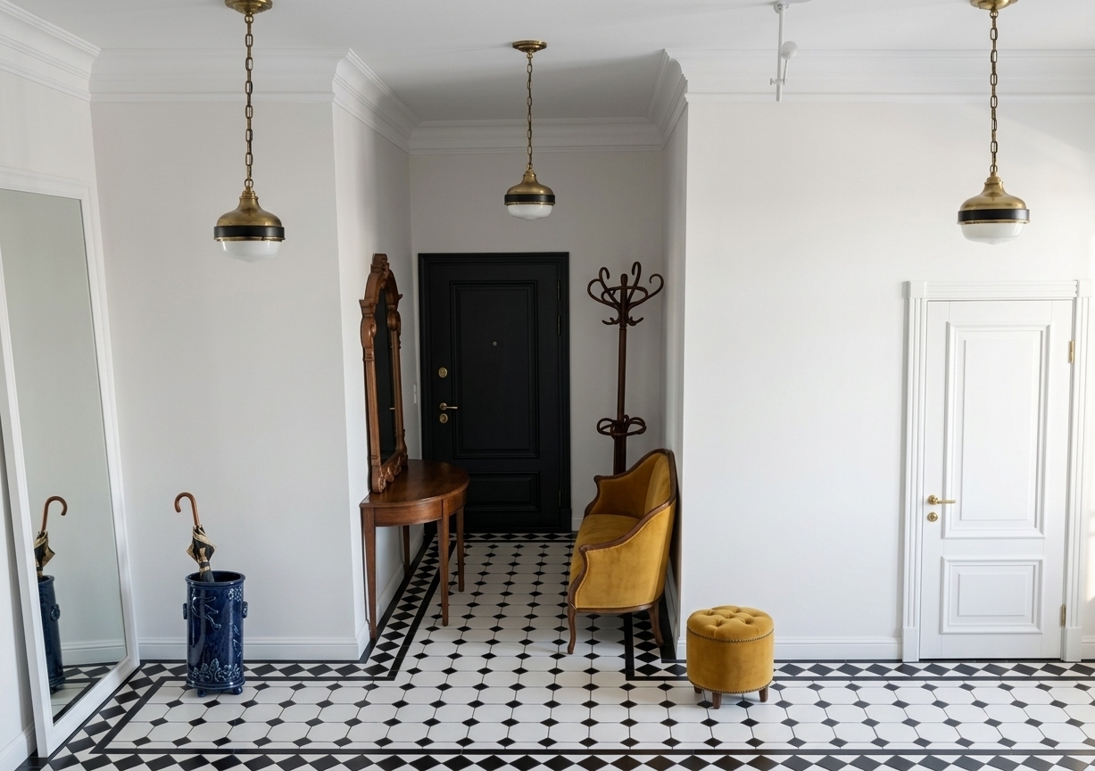 An incredibly lifelike, richly detailed, photorealistic wide-angle interior shot of a glamorous Art Deco mudroom set in an elegant contemporary residence. The scene is illuminated by soft, natural day light streaming from an unseen window on the right, creating a sophisticated, bright, and welcoming atmosphere. Captured with a 24mm architectural prime lens, emphasizing rich mustard-yellow velvet upholstery, polished brass hardware, and a striking black-and-white geometric mosaic tiled floor. Overhead, a crisp white ceiling is trimmed with wide, classic crown molding, from which three vintage brass-and-black pendant lights hang gracefully at perfectly balanced intervals. To the far left, a sleek full-length mirror is mounted on the subtly textured white wall in a clean white frame, positioned beside an ornate deep-blue decorative ceramic stand holding a stylish umbrella. At the center back, a solid matte-black front door makes a dramatic statement, flanked by a classic dark wood floor coat rack standing naturally in the corner. To the left, an antique demilune wood console table sits beneath a tall, carved wood mirror, while an opulent mustard-yellow velvet settee and matching button-tufted ottoman line the right side, leading toward a refined white paneled interior door. Realistic, soft directional shadows stretch gently across the gleaming tiled floor, enhancing the depth, spatial clarity, and luxurious ambiance of the space.
