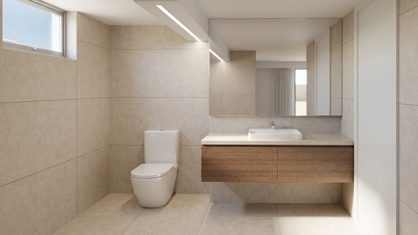 A crisp architectural photograph of a modern minimalist bathroom taken at midday, illuminated by bright, clear natural sunlight streaming through the high transom window on the left wall. The light casts soft daylight highlights across large-format matte beige limestone wall and floor tiles, accentuating their subtle natural stone textures and fine grout lines. The floating vanity features a realistic walnut wood veneer with prominent grain micro-textures, supporting a smooth white quartz countertop and a polished white ceramic vessel basin fitted with a sleek matte black faucet. The porcelain toilet exhibits soft, glossy specular reflections along its contoured edges. The expansive frameless mirror cleanly reflects the room with true-to-life glass depth and gentle ambient bounce light. Shot with a 24mm architectural lens at eye level, the scene captures a balanced midday color temperature around 5500K, precise contact shadows beneath the floating vanity, subtle light bloom near the window glass, and delicate surface imperfections that ground the image in photographic reality.