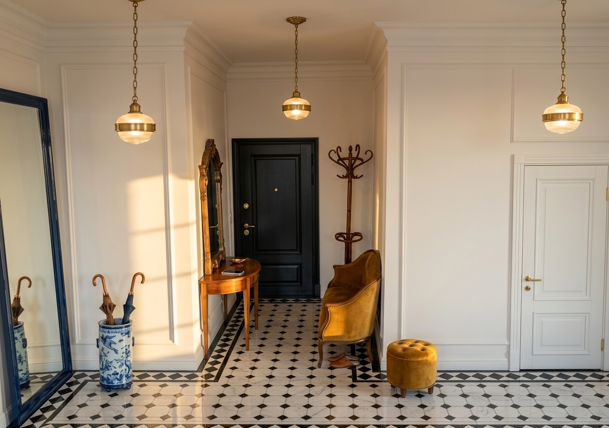 An incredibly lifelike, richly detailed, photorealistic wide-angle eye-level shot of an elegant hotel lobby foyer set in an opulent Art Deco environment. The scene is illuminated by long, golden rays of late-afternoon sunset light streaming into the hall, complemented by the warm, ambient glow emanating from the three brass pendant lights hanging from the ceiling, creating a glamorous yet welcoming atmosphere. Captured with a high-end 24mm architectural lens, emphasizing the reflective sheen of the black-and-white geometric tiled floor, the plush texture of the original golden-mustard velvet settee and matching tufted ottoman, and the refined wall moldings. A luxurious, high-gloss deep navy blue lacquered frame now accents the full-length mirror on the left, echoing the intricate blue Chinoiserie umbrella stand which holds two sleek, wood-handled umbrellas. Underneath the velvet banquette sit a pair of neatly placed leather slippers. On the polished half-moon wooden console table rests a modern smartphone beside a small brass key dish, adding a touch of subtle life to the space. Maintaining the original layout and colors, the bold black entrance door and crisp white side door are rendered with ultra-realistic finishes and gold hardware, perfectly balancing symmetry, texture, and refined elegance.