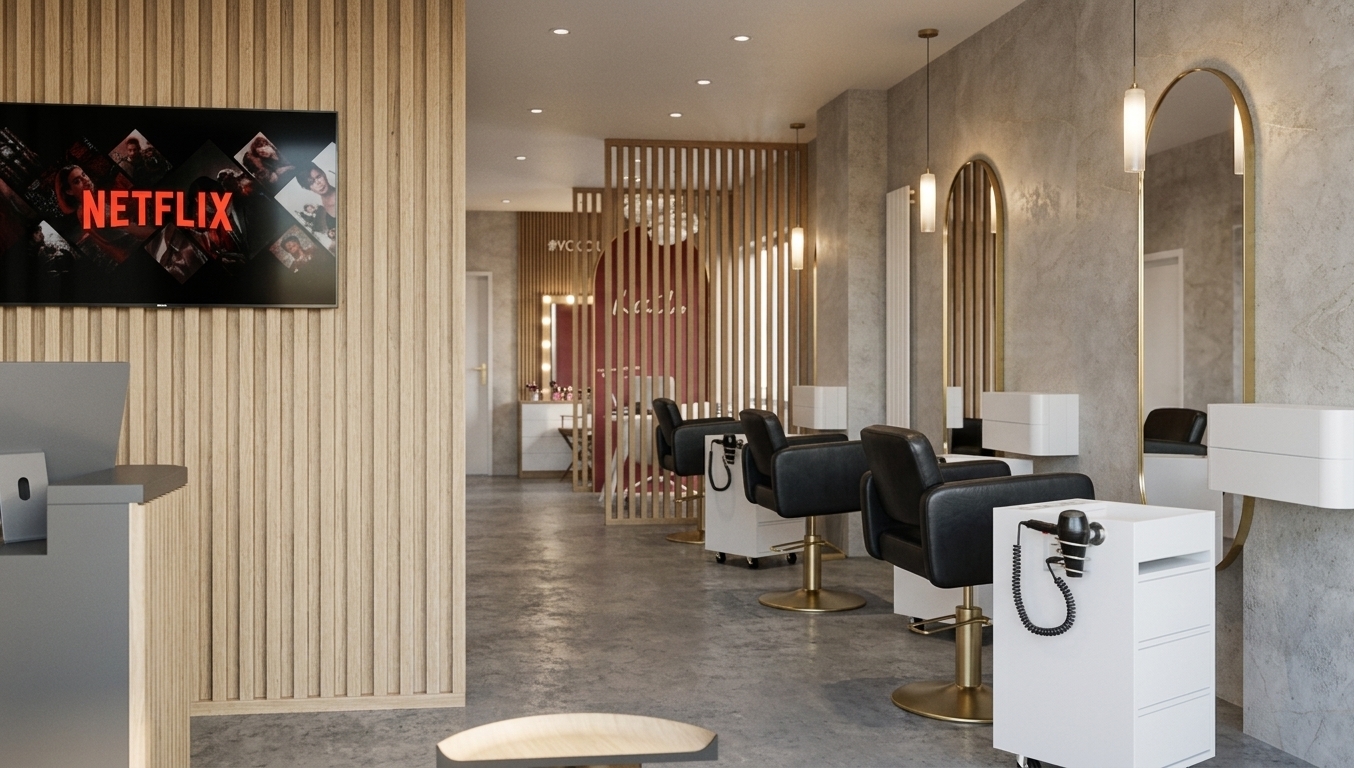 A professional interior photograph of a modern luxury hair salon captured at midday during spring, illuminated by abundant soft daylight filling the room alongside warm architectural accent lighting. The camera maintains an eye-level perspective looking down the salon aisle, revealing smooth vertical light-oak wood slats with fine natural grain on the left, where a wall-mounted television screen cleanly displays the Netflix interface with a subtle anti-glare glass reflection. The floor is a seamless dark grey polished microcement with a soft satin finish that gently catches ambient reflections. On the right, grey concrete walls show delicate Venetian plaster micro-textures, hosting tall arched mirrors with thin brushed-brass rims lit by slender vertical pendant lights. Sleek black leather styling chairs display realistic soft creasing across the seat cushions and sit on brushed gold hydraulic bases, paired with white rolling carts equipped with black hairdryers and coiled cords. Shot with a 35mm wide lens at f/5.6, the image features balanced highlights, soft ambient occlusion in structural recesses, subtle lens vignetting, and clean, photorealistic optical clarity.