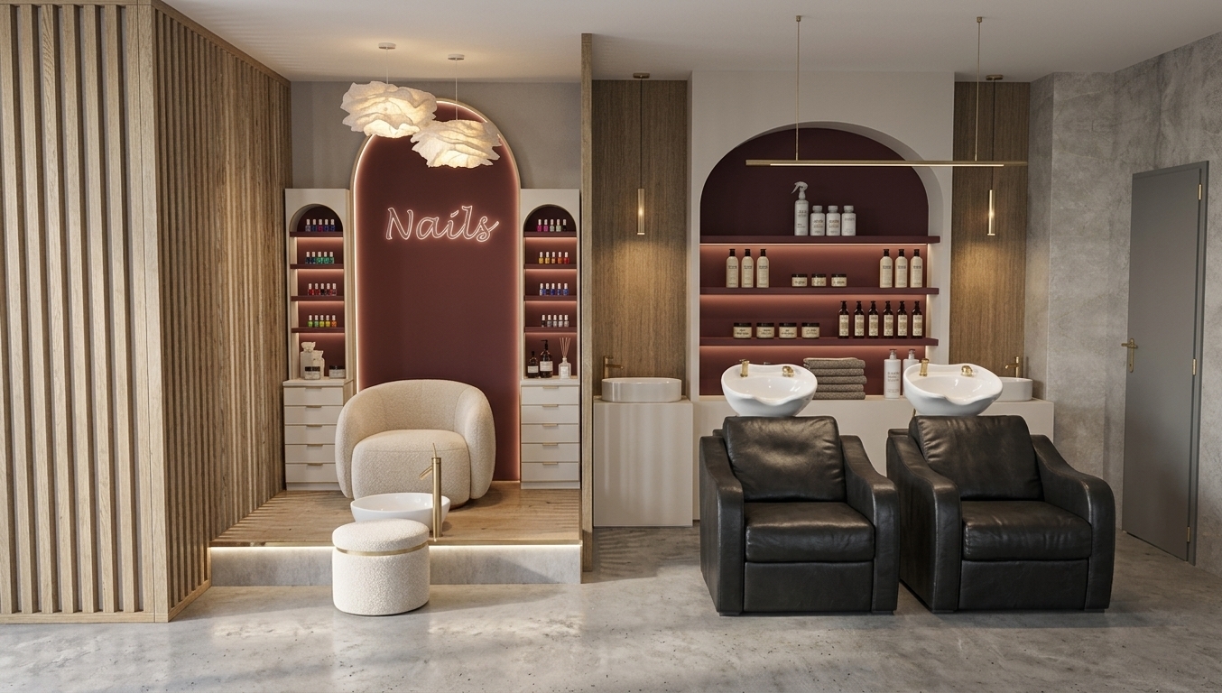 A wide-angle interior photograph taken at eye level during bright spring midday, capturing a luxurious boutique salon with incredible photorealistic detail and depth. Soft, natural daylight filters into the space, blending seamlessly with warm architectural ambient lighting that illuminates the deep burgundy painted arch recesses and casts gentle, soft-edged contact shadows on the polished light-grey concrete floor. On the elevated left platform, the vertical wood slats exhibit rich grain and a satin finish, while the rounded pedicure chair and matching stool are upholstered in textured cream bouclé fabric. The white porcelain footbath basin features a brushed brass tall mixer faucet with realistic specular highlights. The cursive text reading "Nails" glows softly against the matte burgundy accent wall below two organic, paper-sculpture pendant lights with subtle fibrous texture. To the right, two black leather hair-washing armchairs display natural supple creasing and a gentle leather sheen, positioned in front of glossy white porcelain wash sinks with brass fittings and neatly stacked plush cotton towels. Micro-details such as glossy reflections on glass polish bottles, subtle surface grain on plaster walls, accurate material physics, and faint lens vignetting convey the atmosphere of a real, freshly staged high-end salon photograph.