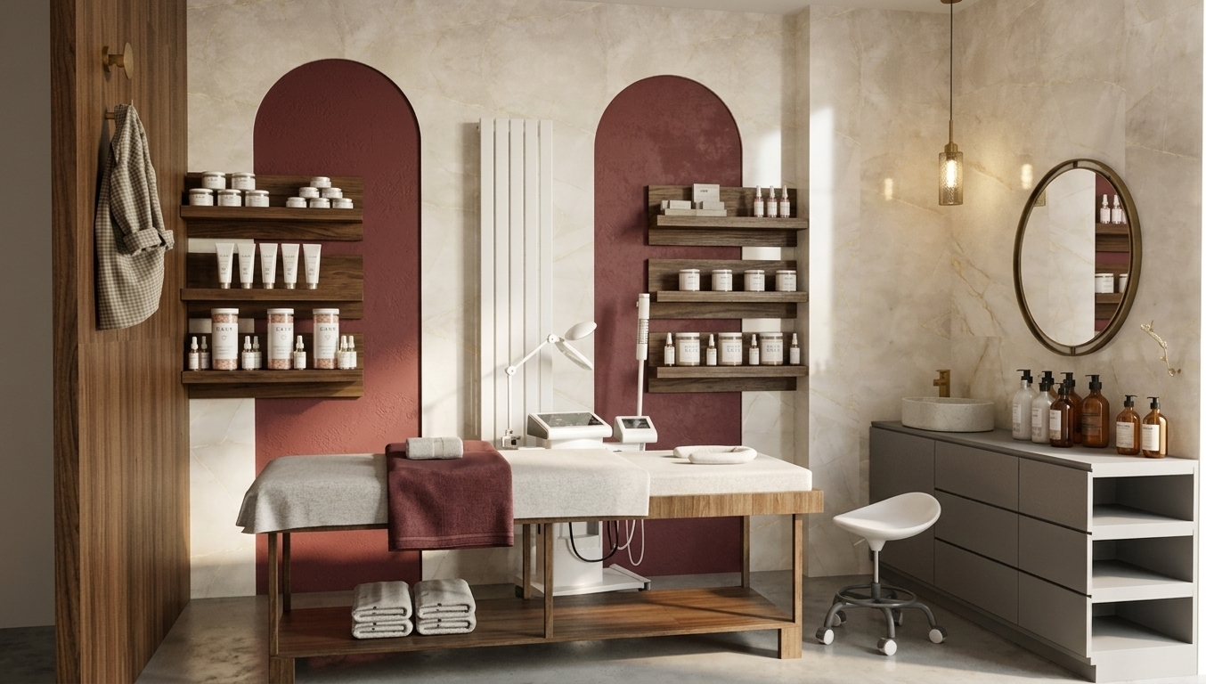 A professional interior photograph of a luxurious spa treatment room captured during a bright spring midday, preserving the exact layout, geometry, camera angle, and composition of the reference image. Crisp, diffused spring sunlight pours gently into the space, casting realistic soft shadows and creating warm ambient highlights across the smooth grey concrete floor. The back wall reveals realistic polished marble tiling with faint golden veining, framing two deep burgundy arched niches equipped with floating dark wood shelves loaded with meticulously detailed skincare products in frosted glass and matte plastic packaging. In the center, the treatment table features a solid dark timber frame with realistic wood grain micro-textures, dressed in plush white linen and a neatly draped maroon fabric runner with visible weave details. Behind the table, the medical skin equipment and magnifying lamp show realistic matte plastic surfaces, subtle metallic sheen, and functional mechanical joints. To the left, a dark wood-paneled wall displays subtle organic grain under soft light, featuring brass hooks supporting a relaxed hanging checkered garment. On the right, the matching dark wood wall holds a sleek round mirror with subtle surface reflections, positioned above a minimalist grey cabinet topped with a ceramic vessel sink and neatly arranged cosmetic bottles. The overall scene is rendered with natural photographic depth, true-to-life light propagation, gentle lens vignetting, and fine surface details that evoke a quiet, serene, high-end wellness environment.