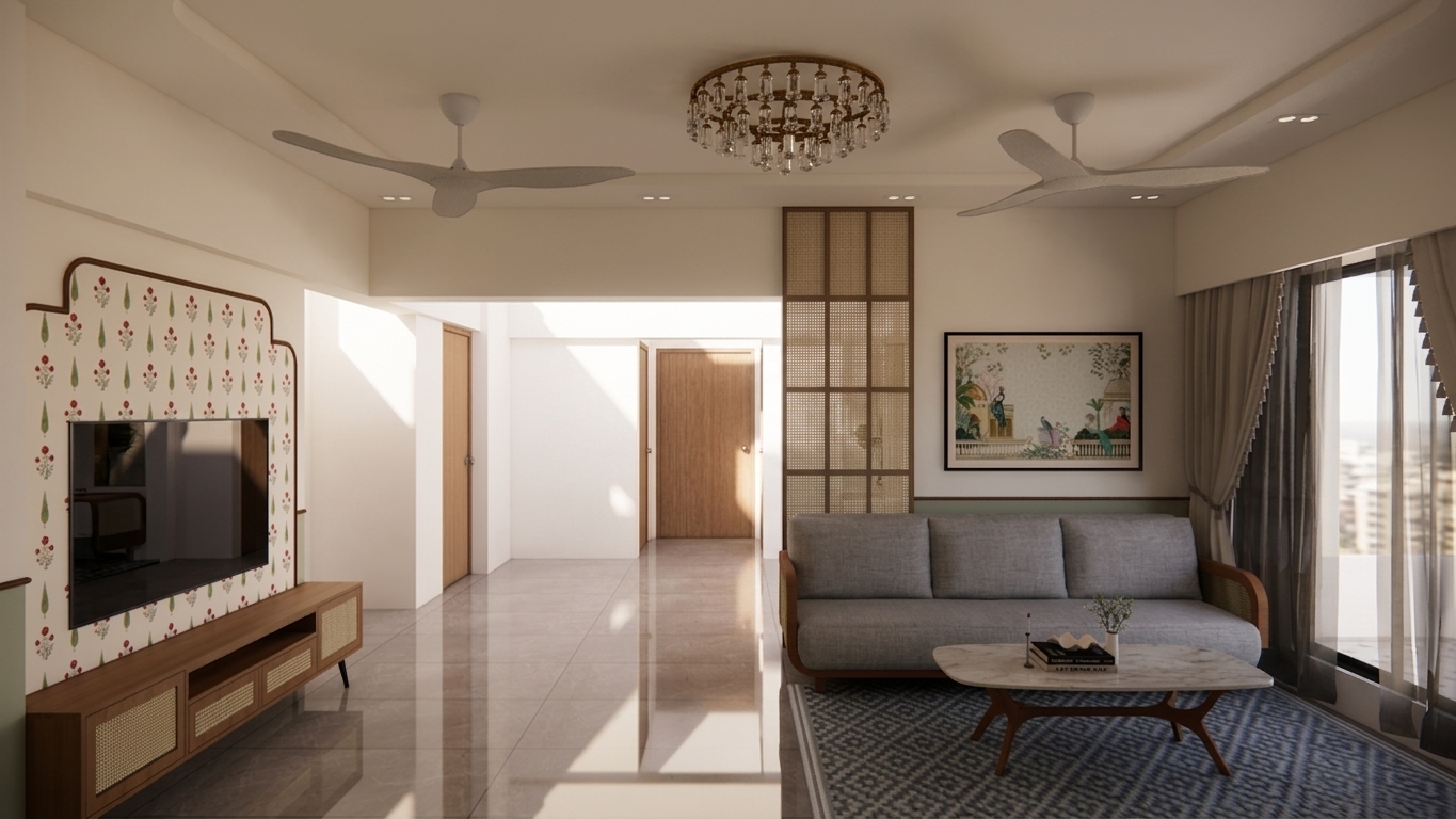 A high-end architectural photograph of this living room captured on a crisp, bright midday in spring, keeping the exact geometry, furniture arrangement, and spatial layout perfectly intact. High-noon sunlight streams intensely through the right window curtains and distant hallway openings, casting defined patches of warm 5500K daylight across the polished marble floor tiles and highlighting subtle surface sheen and gentle, natural floor reflections. The scene exhibits authentic material physics, displaying detailed tactile grain on the wooden media console and coffee table, intricate texture in the woven cane panels of the tall room screen and storage doors, soft linen fabric weave on the grey sofa cushion, and subtle depth in the patterned blue area rug. Atmospheric depth is enhanced by delicate dust motes suspended in bright light beams, soft ambient bounce light filling the shadowed cream walls and upper ceiling around the chandelier, and faint, natural micro-smudges on glossy surfaces. Shot with a 24mm tilt-shift lens at f/8, the image features full sharpness across the frame, hyper-realistic material micro-textures, natural light falloff in recessed alcoves, and a hint of organic film grain for a flawless photographic finish.