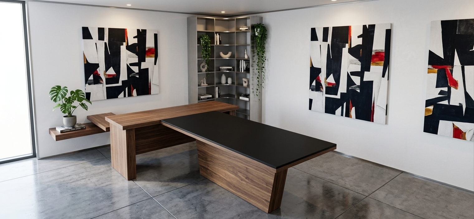 An incredibly lifelike, richly detailed, photorealistic interior photo of a modern fusion meeting room set in a sleek, open-concept urban executive suite. The scene is illuminated by soft, diffused daylight pouring in from invisible floor-to-ceiling windows alongside warm, recessed LED accents, creating a clean, dynamic, and sophisticated atmosphere. Captured with a high-resolution 35mm lens, emphasizing the smooth polished surfaces, rich wood grain, and sleek brushed-metallic elements, the architectural composition centers on a bold, geometric T-shaped conference desk featuring a matte black top and warm walnut wooden supports. 

In the corner, a floor-to-ceiling modular shelving unit displays curated photography books, minimalist ceramic sculptures, and lush greenery trailing gracefully down its shelves. The stark white plaster walls serve as a canvas for large, impactful abstract wall art in shades of jet black and crisp white, punctuated by vibrant crimson and ochre accents. The polished concrete floor reflects the sharp, industrial-inspired lines of the room, while a subtle, low-profile floating side table holds a single curated coffee table book and a potted monstera, adding a touch of organic warmth to this minimalist yet striking contemporary workspace.