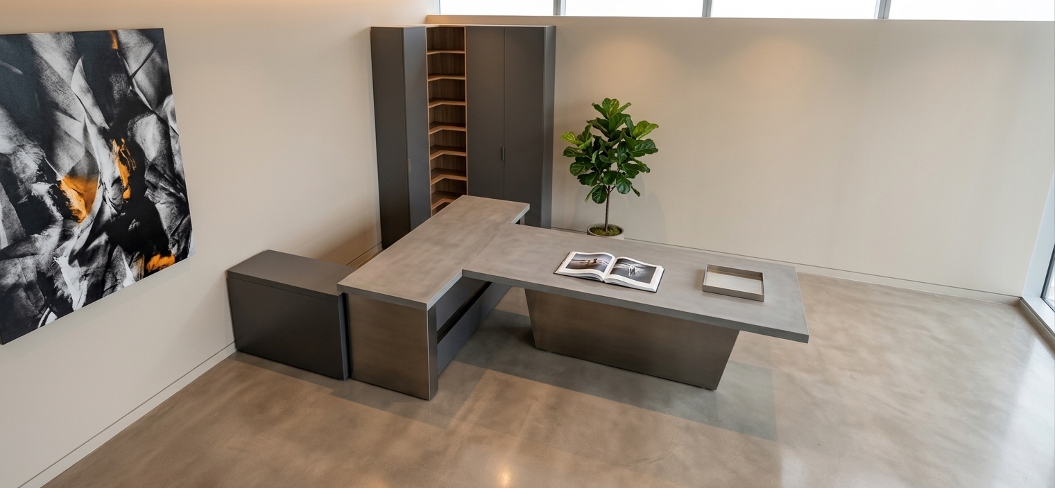 An incredibly lifelike, richly detailed, photorealistic wide-angle interior shot of a modern fusion executive meeting room and office space set in a high-end urban high-rise suite. The scene is illuminated by soft, natural daylight streaming from expansive windows combined with warm, indirect ambient recessed lights, creating a clean, dynamic, and sophisticated atmosphere. Captured with a 35mm architectural lens, emphasizing smooth matte surfaces, subtle brushed metal reflections, and fine natural wood grain textures...

The space centers around a bold, geometric modular desk system featuring a sleek, concrete-gray tabletop resting on dark metallic pedestals, creating an inviting open-concept layout suitable for collaborative meetings. Adjacent to the desk, a low-profile credenza with smooth charcoal surfaces aligns neatly along the wall, while the background corner showcases a floor-to-ceiling modular cabinet system with warm oak open shelving nestled between minimalist matte doors. The neutral beige wall serves as a backdrop for a large, high-contrast abstract wall art piece composed in dramatic shades of black and white with vibrant amber accents. On the smooth tabletop, an open hardcover photography book and a minimalist metallic tray sit beside a potted lush green plant, introducing an organic touch to the industrial-inspired, contemporary setting. The polished micro-cement floor subtly reflects the room's warm elements, perfectly balancing sleek modern luxury with functional elegance.