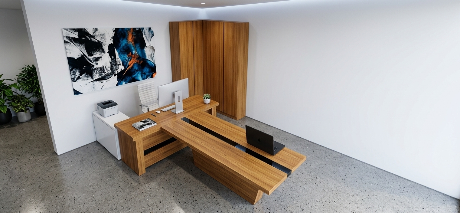 An incredibly lifelike, richly detailed, photorealistic wide-angle interior photo of a modern fusion executive meeting room set in a sleek urban corporate suite. The scene is illuminated by soft, diffuse natural light paired with subtle recessed ceiling LEDs, creating a clean, dynamic, and professional atmosphere. Captured with a 35mm architectural prime lens, emphasizing rich honey-oak wood grains, brushed metallic accents, and smooth matte surfaces...

The room features a bold, custom T-shaped modular desk made of warm teak wood, bisected by a glossy black glass central inlay running down its length. A sleek white ribbed-leather ergonomic chair stands behind a slim silver computer monitor, while a modern black laptop rests on the extended conference end. Tall floor-to-ceiling wooden storage wardrobes fit seamlessly into the corner, complemented by a low-profile white credenza holding a compact printer. The surrounding smooth neutral walls are elevated with a large piece of dynamic abstract wall art featuring shades of black, white, and vibrant energetic accents, alongside a stylish photography book on the desk corner and lush green potted foliage that breathes life into the polished, industrial-inspired concrete space.
