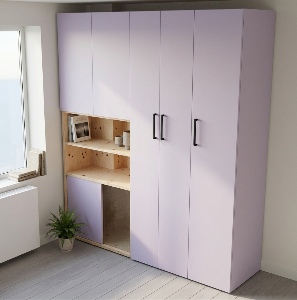 An incredibly lifelike, richly detailed, photorealistic interior perspective shot of a bespoke minimalist storage wall set in a tranquil study room. The scene is illuminated by bright midday summer daylight filtering softly through a large adjacent window, creating a serene, warm, and uncluttered atmosphere. Captured with a 35mm architectural lens, emphasizing the silky matte finish of soft pastel lavender cabinet fronts, the raw organic grain and knots of exposed birch plywood, and the crisp contrast of matte black metal door handles. The modern built-in unit seamlessly combines full-height wardrobe doors with open plywood cubbies displaying a curated photography book, balanced by sliding lower panels. Smooth gray wooden floorboards extend across the room, complementing the muted off-white walls and sleek, streamlined architecture to deliver a modern, zen-inspired interior haven.