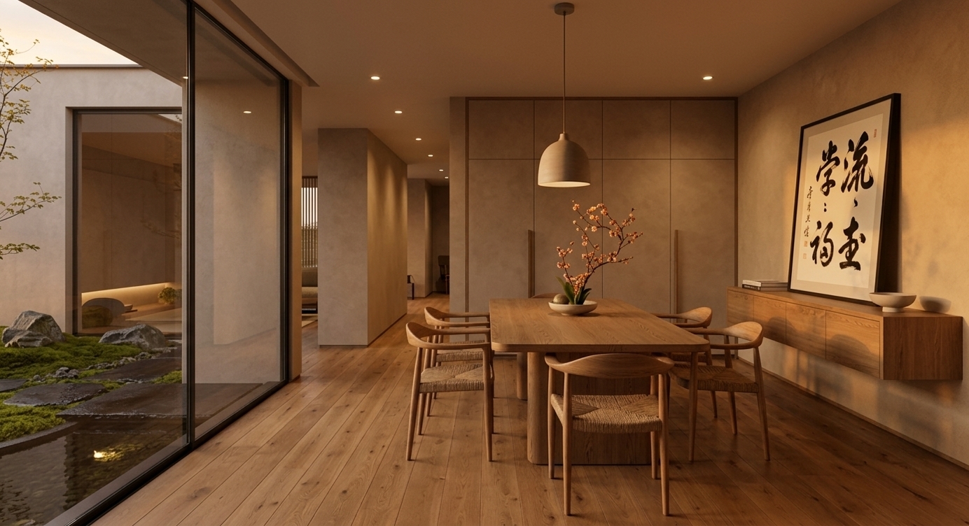 An incredibly lifelike, richly detailed, photorealistic wide-angle interior photo of a Japanese Zen dining room set in an architectural sanctuary. The scene is illuminated by the amber glow of a late autumn sunset filtering through massive floor-to-ceiling glass panels, creating a calm, wabi-sabi atmosphere. Captured with a full-frame camera and a 35mm lens, emphasizing smooth micro-cement plaster surfaces, warm natural wood grain, and soft ambient shadows. Centered in the space, low wooden furniture—including a streamlined oak dining table and sculpted chairs with hand-woven seats—promotes a harmonious, grounded scale. The clutter-free surfaces display a minimalist ceramic vessel with delicate seasonal autumn branches, a photography book resting on a floating console, and understated Japanese decor. Hanging on the neutral textured wall, a large piece of Japanese calligraphy wall art in deep black ink provides a striking contrast within a sophisticated color palette of warm neutrals, charcoal blacks, and natural moss greens. Outside, the tranquil courtyard garden showcases lush moss, dark wet stepping stones, and gentle water reflections, bringing nature seamlessly into this beautifully uncluttered interior.