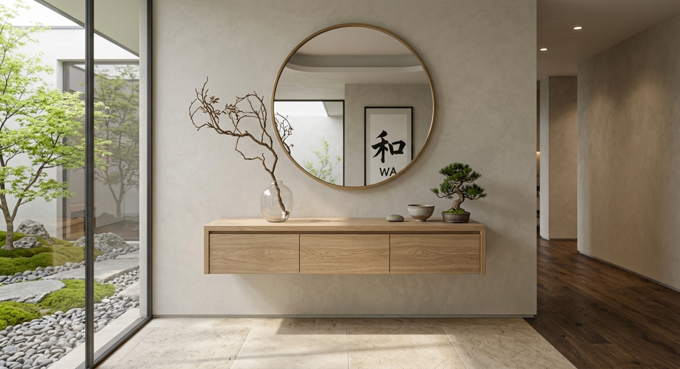 An incredibly lifelike, richly detailed, photorealistic eye-level interior photo of a tranquil Japanese Zen study room set in a modern minimalist home. The scene is illuminated by soft, diffuse midday spring sunlight streaming through expansive glass walls, creating a meditative, harmonious atmosphere. Captured with a 35mm prime lens at f/8, emphasizing the tactile lime-wash plaster wall textures, fine white oak wood grain, matte charcoal steel frames, and velvety green garden moss. 

This reimagined study embraces a wabi-sabi philosophy, replacing the entryway layout with low-slung wooden furniture grounded on warm limestone floor tiles. A low floating white oak desk maintains a completely clutter-free surface, adorned only by a single open photography book, a hand-thrown ceramic bowl, and a delicate potted indoor bonsai. Anchoring the main wall, a large vertical frame displays bold black Japanese calligraphy art, creating a balanced focal point alongside a warm-glowing circular mirror. Outward views to an inner spring courtyard showcase fresh green Japanese maple leaves, smooth river stones, and lush moss patches, merging the serene indoor space with natural outdoor beauty through a sophisticated color palette of warm neutrals, matte blacks, and vibrant foliage greens.