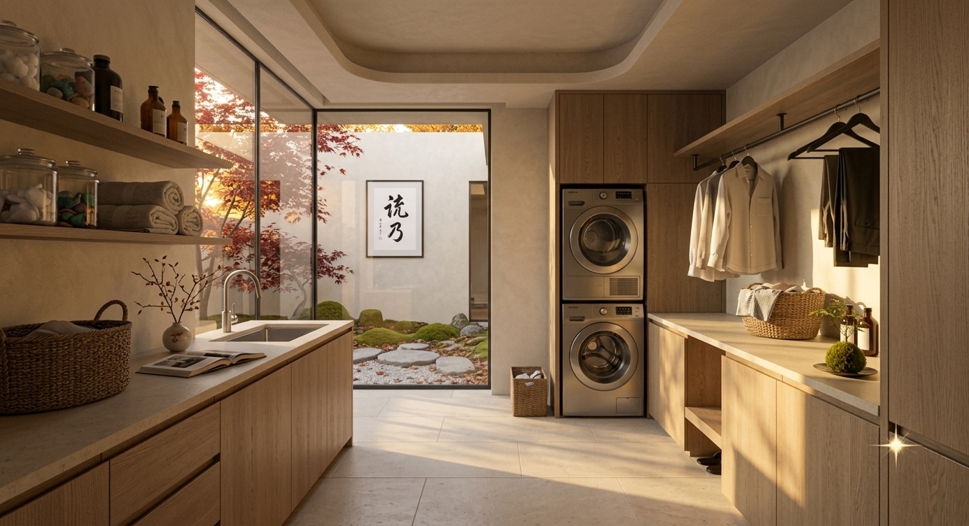 An incredibly lifelike, richly detailed, photorealistic wide-angle interior photograph of a Japanese Zen mudroom and utility sanctuary set in a contemporary home. The scene is illuminated by the long, warm golden rays of a late autumn sunset streaming through expansive floor-to-ceiling glass, creating a serene, deeply tranquil atmosphere. Captured with a 24mm architectural tilt-shift lens, emphasizing the tactile grain of natural light oak cabinetry, honed cream limestone floor tiles, and soft lime-wash plaster walls. The space embodies a refined wabi-sabi aesthetic, featuring low-profile wooden furniture, a sleek mudroom bench, and pristine, clutter-free stone surfaces. Framed black ink Japanese calligraphy wall art hangs gracefully above the counter, while a open photography book on Japanese design rests beside a delicate ceramic vase holding seasonal autumn branches. A curated palette of muted neutrals, striking matte blacks, and natural moss greens ties the room together, highlighted by an indoor kokedama plant catching the amber evening light. Beyond the glass, an exterior Zen courtyard unveils stepping stones, lush moss mounds, and crimson Japanese maple leaves falling gently under the golden autumn sun.