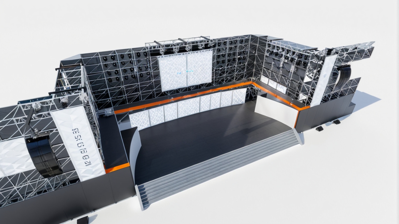 An incredibly lifelike, richly detailed, photorealistic elevated wide-angle shot of a state-of-the-art event stage setup set in a minimalist studio environment. The scene is illuminated by crisp overhead studio lighting and soft ambient highlights, creating a sleek, high-tech, and serene atmosphere. Captured with a 24mm tilt-shift architectural lens, emphasizing the intricate metallic truss structures, matte black stage surfaces, and high-definition LED display panels.

The expansive main performance platform features a smooth, deep charcoal floor bordered by a clean, streamlined set of light gray front steps. Enclosing the stage, complex silver aluminum truss framework houses meticulously arranged rows of black spotlight fixtures, suspended line-array speaker clusters, and large white screen panels designed for visual projections. A refined monochromatic color palette dominated by shades of white, gray, and dark slate is accented by a vibrant orange safety trim along the upper catwalk. The composition showcases pristine geometry and open space, casting crisp, natural shadows that emphasize the grand scale and polished modern aesthetic of this sophisticated venue design.