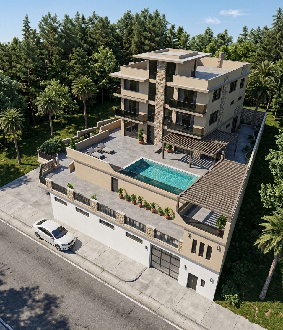 An incredibly lifelike, richly detailed, photorealistic high-angle aerial shot of a multi-story modern villa set in a lush private estate surrounded by dense green forests and tall palm trees. The scene is illuminated by bright, clear mid-afternoon sunlight casting crisp, defined shadows, creating a serene and sophisticated atmosphere. Captured with a professional wide-angle drone lens, emphasizing the contrast between warm beige stucco walls, stacked natural stone accent columns, dark smoked-glass balconies, and the shimmering turquoise water of the outdoor pool area. Functioning as a minimalist haven, the expansive main deck and terraces feature streamlined, clutter-free surfaces clad in smooth gray tiling, decorated with sleek metal and wooden pergolas, subtle potted plants, and simple lounge seating that seamlessly blends modern elegance with a Zen-inspired lifestyle.
