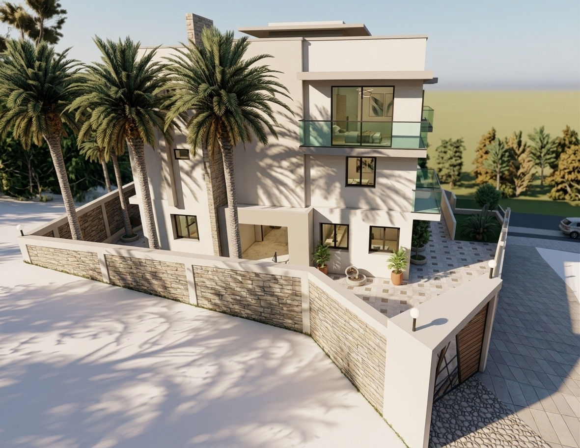 An incredibly lifelike, richly detailed, photorealistic elevated architectural photo of a luxurious multi-story villa set in a serene, sun-drenched landscape. The scene is illuminated by bright, crisp afternoon sunlight, creating a sophisticated and welcoming atmosphere. Captured with a high-end tilt-shift lens, emphasizing the clean-lined geometric form, contrast of polished stone surfaces, and lush tropical foliage... 

The residence embodies contemporary elegance through its refined, balanced design, featuring a muted palette of warm white, pearl, champagne, and soft gray stucco complemented by organic stacked-stone wall accents. Towering palm trees cast dramatic, intricate shadows across the polished stone courtyard and sleek exterior facade. Elegant glass-railed balconies accented with slim metal framing overlook the private compound and adjacent outdoor pool area terrace. Through expansive tinted windows, light-filled interior living spaces hint at an understated, airy ambiance curated with abstract wall art, polished stone finishes, tailored upholstered furniture, and sculptural lighting, completing an image of modern architectural sophistication.