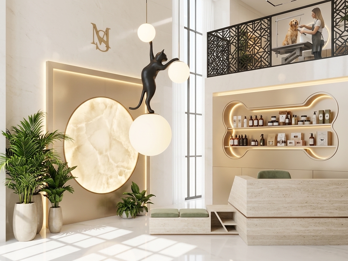 An incredibly lifelike, richly detailed, photorealistic wide-angle interior photo of a luxury contemporary pet boutique and spa lobby set in an upscale urban hotel environment. The scene is illuminated by soft, luminous daylight streaming through tall, grid-mullioned windows and warm hidden ambient LEDs, creating an airy, sophisticated, and inviting atmosphere. Captured with a high-end 24mm architectural tilt-shift lens, emphasizing polished stone surfaces, refined wall art textures, and exquisite metalwork with flawless depth of field.

The double-height space is wrapped in a refined color palette of warm white, pearl, soft champagne, and gentle gray tones. The focal focal feature wall displays a captivating arrangement of backlit circular wall panels rendered in soft champagne silk and alabaster, casting a gentle glow across the polished floor. Above them, a sleek matte black metal sculpture of a cat reaches toward an illuminated spherical pendant light suspended from the high ceiling, alongside a delicate brass monogram logo. 

Below, a custom lounge seating module in warm wood tones features soft integrated pet cubbies underneath and is topped with tailored sage-green velvet cushions. Flanking the bench are two lush, vibrant green potted tropical plants in tall ceramic vases. On the wall behind the seating, two subtle, glowing mint-green paw prints act as sculptural light art.

To the right, a floating mezzanine level overlooks the main lobby, bounded by an intricate, laser-cut black metal railing with a geometric pattern. On the upper level, a stylist in clean, modern attire attends to a golden retriever at a sleek grooming station. 

Beneath the mezzanine, a custom reception desk with crisp, angled geometry crafted from honed beige travertine and accented with slim bronze trim sits gracefully. Behind the desk, a playfully designed bone-shaped recessed display cabinet in champagne-lacquered wood is subtly backlit with warm LED strip lighting, showcasing neatly organized artisanal pet care products in sleek apothecary bottles and premium packaging. 

The pristine floor is made of highly polished white stone that casts soft, realistic reflections of the architectural elements and the geometric daylight shadows stretching across the hall, creating a perfectly balanced, light-filled, and elegant interior.