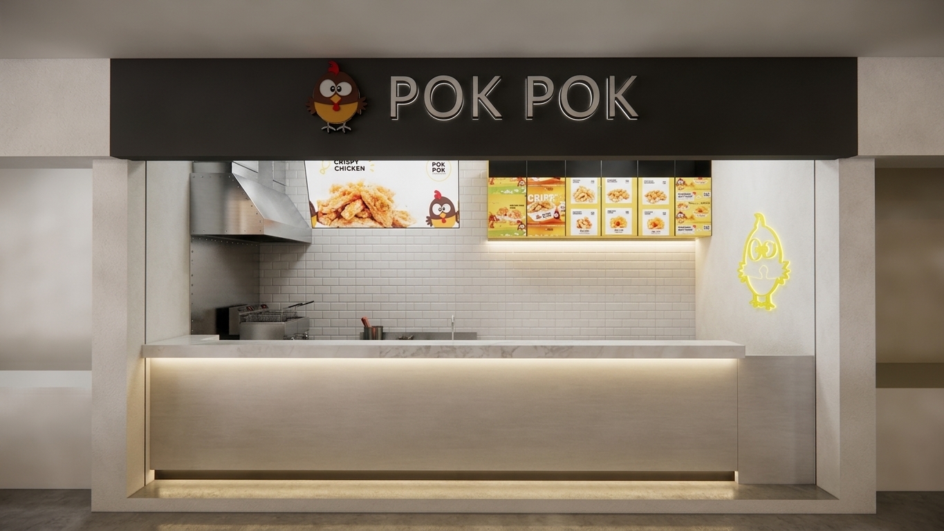 A real architectural photograph of this fast-food store kiosk captured during a bright spring midday, lit with crisp neutral daylight blended with warm LED accent lights glowing beneath the counter lip and under the illuminated menu boards. The camera maintains the exact straight-on, eye-level framing and composition, shot with a professional 35mm lens at f/5.6 for sharp depth of field. The dark header sign exhibits a fine matte texture on its surface, while the raised white letters and cartoon chicken logo display realistic 3D shadows, soft glossy edges, and subtle surface micro-scratches. The long countertop slab features authentic polished marble veining with a cool surface reflection, marked by faint, realistic hand smudges near the front. Behind the counter, the white square ceramic wall tiles show defined grout lines and specular highlights, while the brushed stainless steel exhaust hood reflects ambient light with a realistic metallic grain. The backlit menu displays emit a clean, bright illumination, and the yellow acrylic chicken graphic on the right casts a gentle color glow onto the adjacent matte wall. Faint sensor grain, soft light bleed around illuminated elements, and subtle vignetting give the image an authentic, photorealistic commercial feel.