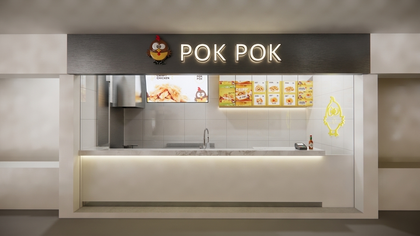A crisp, eye-level architectural photograph capturing this indoor food kiosk with realistic lighting, true-to-life material textures, and subtle physical imperfections, maintaining the exact spatial layout, camera perspective, and composition. The matte black header sign features three-dimensional acrylic lettering with soft specular highlights along the top edges and a glossy finish on the colorful cartoon chicken mascot. Below, the polished white marble counter displays natural faint grey veining, smooth reflections of the overhead lights, and micro-scratches from light daily use. A warm LED strip concealed beneath the countertop edge casts a soft, even downward glow onto the smooth front fascia. Inside the counter space, the brushed stainless steel vent hood exhibits realistic metallic grain and soft directional light reflections, while the white tiled back wall shows clean grout lines and gentle glints from the illuminated menu boards. The surrounding white painted walls have a fine eggshell texture with realistic soft light falloff toward the upper ceiling. Captured on a professional camera with a clean 35mm lens, sharp focal depth throughout, ultra-subtle sensor grain, natural light bloom around the menu displays, and realistic surface micro-reflections.