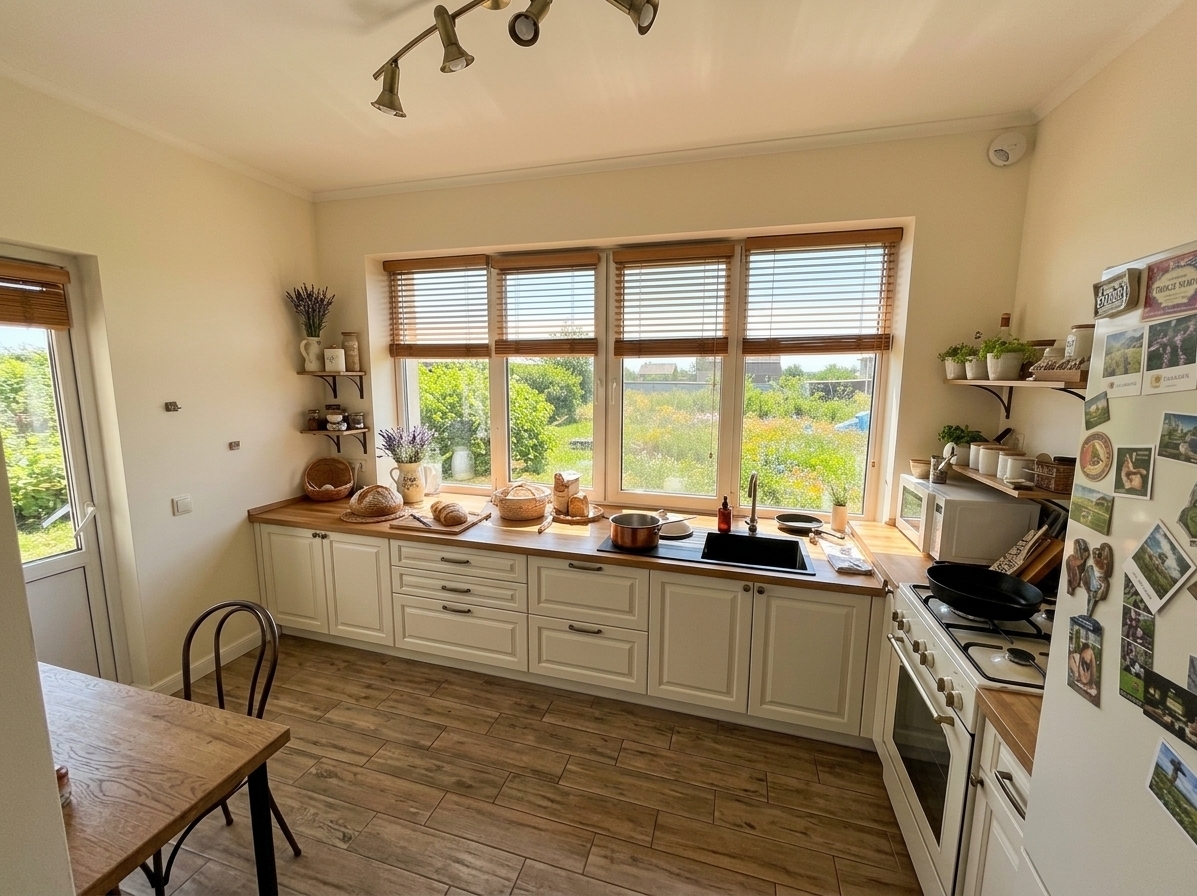 An incredibly lifelike, richly detailed, photorealistic wide-angle interior photograph of a charming kitchen set in a serene rural French country home. The scene is illuminated by bright, golden midday summer light pouring through wide windows fitted with elegant, warm-toned timber Venetian blinds, creating an inviting, airy, and idyllic atmosphere. Captured with a professional 24mm tilt-shift lens, emphasizing tactile butcher-block wood countertops, smooth off-white shaker cabinetry with antiqued brass pulls, and textured wood-look ceramic floor tiles. 

The reimagined space elevates the original footprint into a pristine French country retreat. All clutter and the baby high chair have been removed, revealing a harmonious, open layout centered on functional elegance. Beneath the expansive four-pane window, the warm oak countertop is impeccably tidy, decorated tastefully with a vintage ceramic pitcher filled with fresh lavender, a round woven bread basket with artisan sourdough, and a small copper pot resting neatly near a sleek black undermount sink. Where the high chair once stood, a petite rustic oak bistro table with an iron-frame chair seamlessly integrates into the corner. Outside the half-open blinds, a sun-drenched summer garden sparkles with vivid green foliage and distant wildflowers under a clear sky, casting gentle horizontal shadow patterns across the spotless, warm-toned surfaces.
