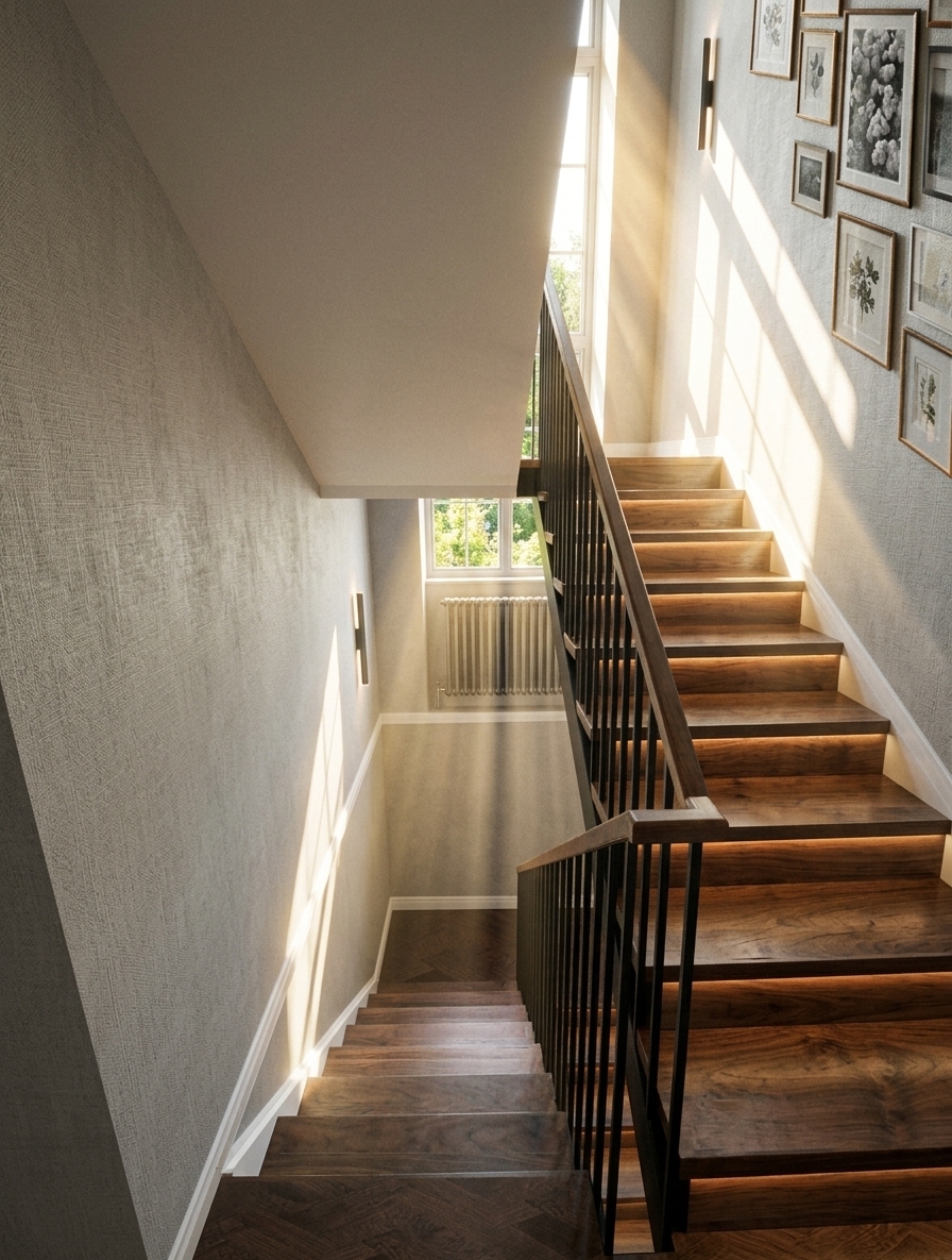 A high-end architectural interior photograph of a modern multi-level staircase bathed in bright, warm summer midday light streaming through the landing window. The daylight creates soft, natural illumination that accentuates the subtle lime-wash texture and gentle tonal variations of the light greige plaster walls. The dark walnut wooden treads display fine, realistic wood grain patterns with a subtle satin finish and micro-abrasions from light foot traffic, perfectly accented by the soft amber glow of integrated LED strip lights casting smooth light gradients down each riser. Matte black metal balusters and a smooth dark wood handrail catch delicate specular highlights along their upper edges. On the upper right wall, a carefully arranged gallery of framed black-and-white prints features crisp glass reflections and subtle paper textures. Shot on a professional tilt-shift lens at f/8, the image maintains sharp focus throughout, balanced interior dynamic range between the bright exterior window light and warm accent lighting, fine atmospheric dust particles visible in the light rays, faint organic noise in the deepest shadows, and a gentle, natural lens vignetting toward the edges.
