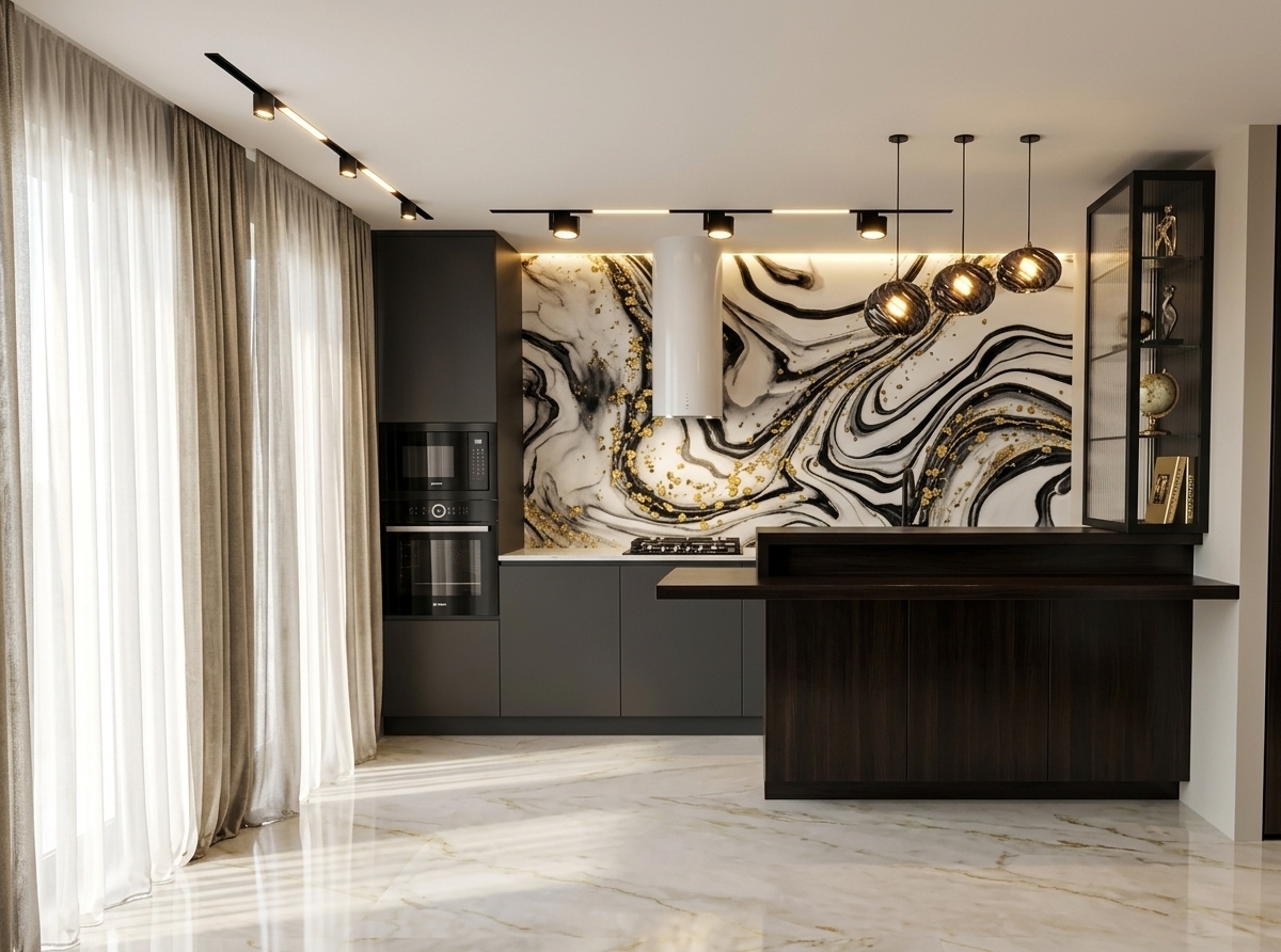 An incredibly lifelike, richly detailed, photorealistic straight-on interior photo of an Art Deco glamour kitchen set in an opulent luxury apartment. The scene is illuminated by bright midday summer sunlight filtering through sheer floor-to-ceiling drapery alongside warm ambient illumination from sleek black track lighting and glowing pendant lamps, creating a chic, extravagant atmosphere. Captured with a 35mm architectural lens, emphasizing polished surfaces, gilded gold accents, and rich tactile finishes, the kitchen features a dramatic graphic wall art backsplash with fluid marble swirls infused with liquid gold leaf. A sleek cylindrical white hood sits above a gas cooktop, while three spiral glass pendant lights dangle over a dark, lacquered wood breakfast island topped with a streamlined countertop and a matte black faucet. To the right, a black-framed glass display cabinet showcases curated Art Deco decor and stylish photography books. The left side hosts seamless charcoal cabinetry with integrated dark-glass appliances, while the glossy floor—crafted from polished pale marble with golden veining—reflects jewel-toned accents and a lush indoor plant subtly nestled nearby, completing this luxurious, bold interior.
